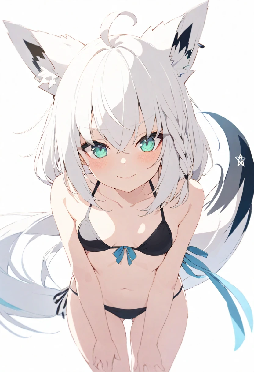 (masterpiece), (best quality), perfect face, beautiful girl, white background background, delicate and beautiful face and eyes, dark intense shadow, 
1 girl, vtuber style, cool girl, hololive, Shirakami Fubuki, fubuki, white hair, single side braid, ahoge, piercing, fox tail, bikini, et body, small chest, cropped shoulders, clavicle, winking, smile, bare feet, chest visible through clothes, ass visible through thighs, (full body), looking at viewer, standing, 