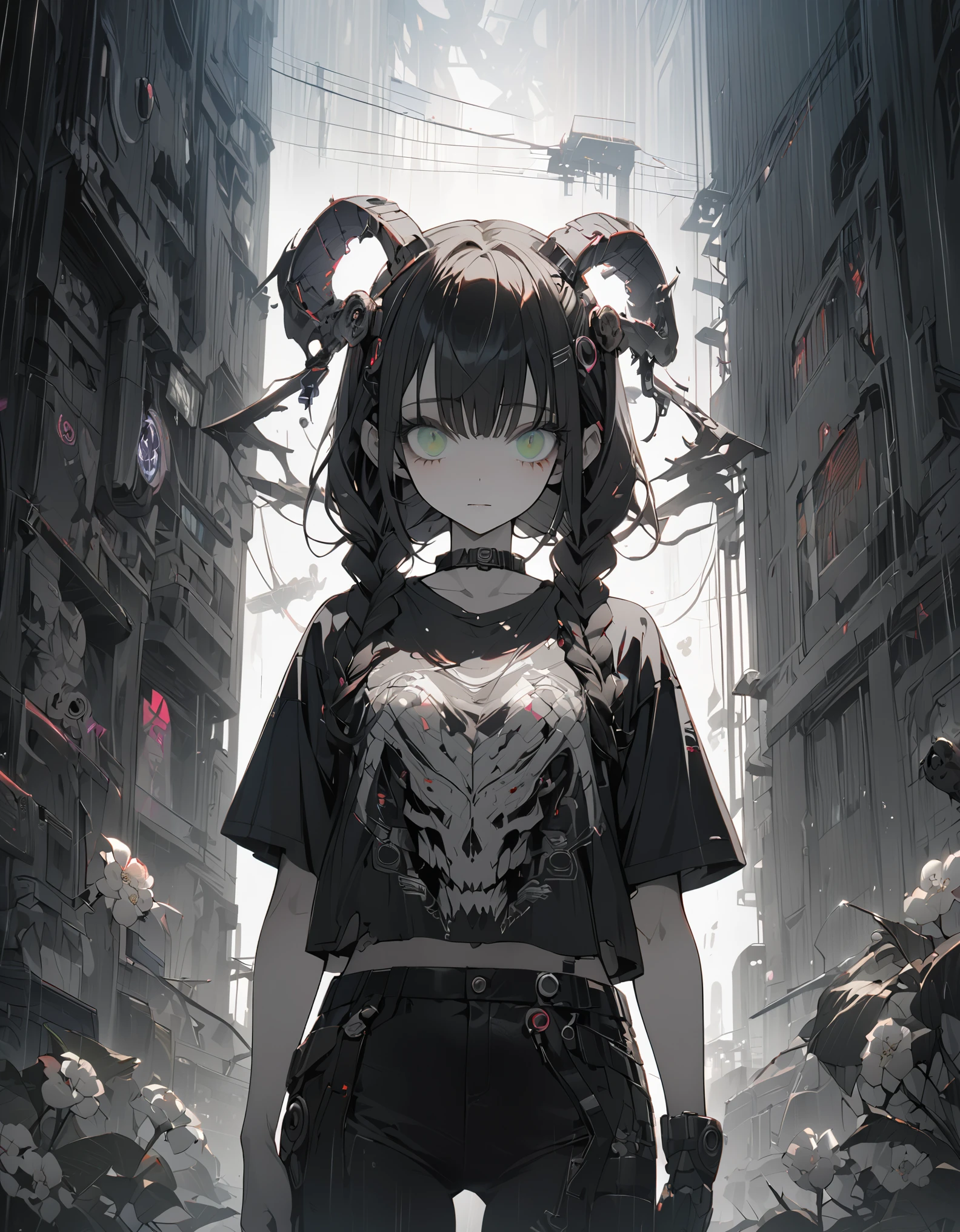 Official Art, unity 8k wallpaper, Super detailed, beautiful and aesthetic, high quality, beautiful, masterpiece, 最high quality, (zenTangle, Mandala, Tangle, enTangle:0.6), male focus limited palette, Low contrast, One girl, serafuku, Licorice flower, Goat Skull, (red, black), (Horror), (dark), Blood, masterpiece, 最high quality, Super detailed, One girl, beautiful detailed eyes, beautiful detailed glow, cyber punk, extremely detailed CG unity 8k wallpaper, Tall and slim body type, Tall Girl, , Green Eyes, Athletic build, Chest size 3, White, black T-shirt, black pants, Research Room, Medium chest, rain, cyber punk city, cyber punk armor, black girl, White braids, Browsing Caution, nude, naked