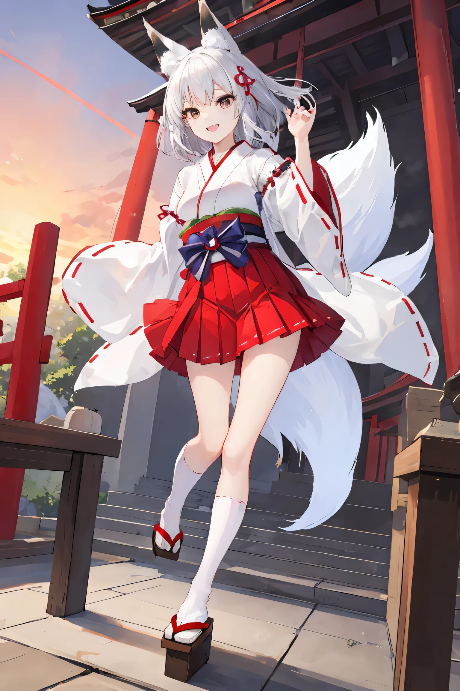 Pull back the camera and draw the toes、Alluring、Double teeth visible in smile、One girl, A girl with silver hair and black eyes, White knee-high socks,Shrine maiden geta、 (Shrine maiden costume), (Red short hakama skirt), Witch girl, (change), Temple Background, sunset,Hair blowing in the wind、Fox Ears,Fox's Tail、Carefully drawn、A little bit of sauce