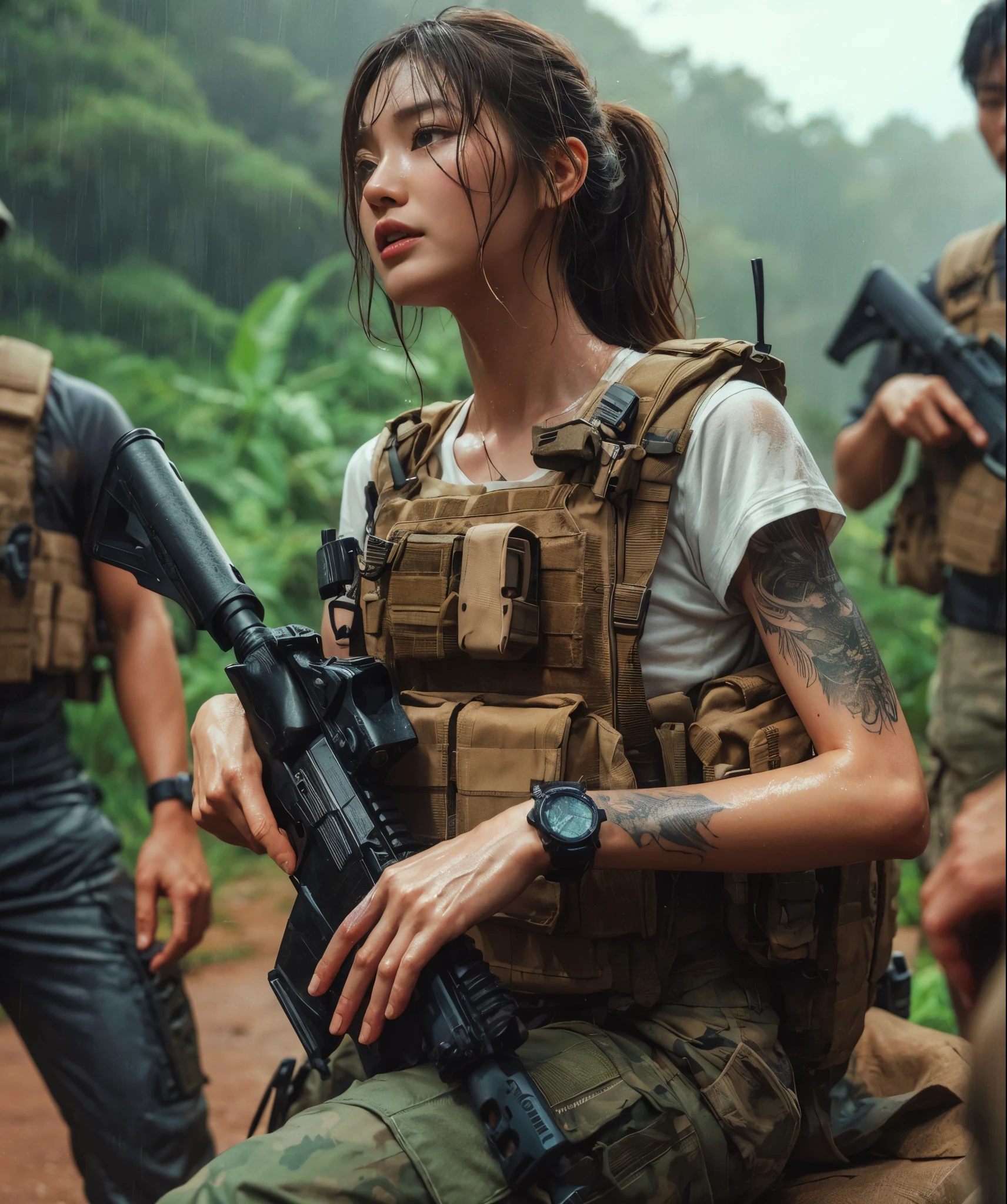 8k,Realistic Photo、Realistic Skin Texture、Superrealism、Japanese women in the US Special Forces、jungle、rifle、Meeting with teammates to confirm strategy、Vigilance、after the rain、Bulletproof vest、Watch on left arm、Ｔshirt、Military Pants、jungleブーツ、Tattoo、humidity、Sweat running down my face、gesture、discussion、Dynamic pose