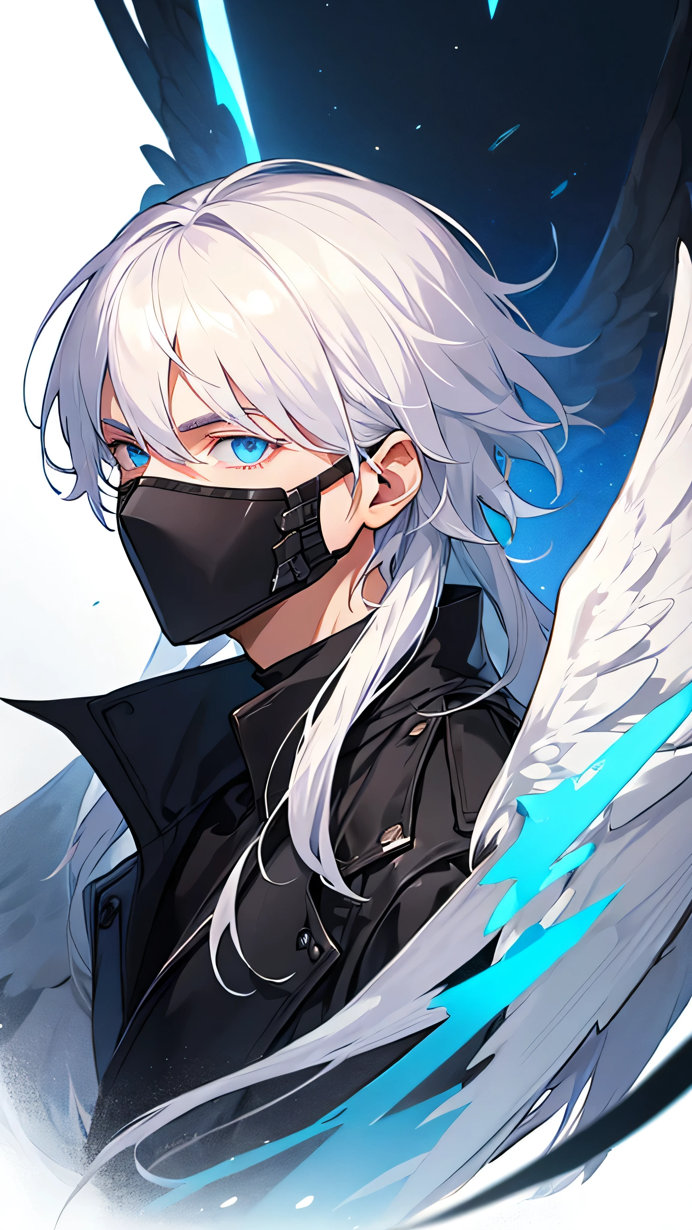 A white-haired demon,male,Cold,Melancholy,Blue eyes,Black Wings,Half face mask,A little more handsome