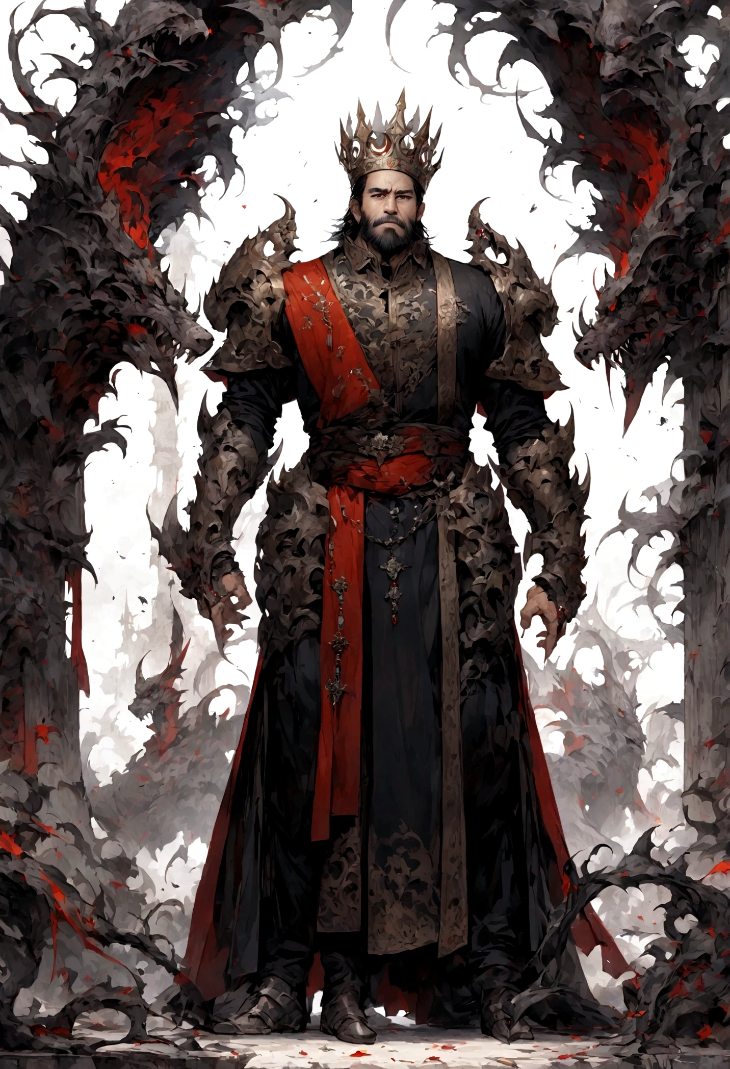 Image of a middle-aged man with a thin black beard,Wearing Chinese clothes,On his head is a crown,Standing sideways,Full body picture,White background