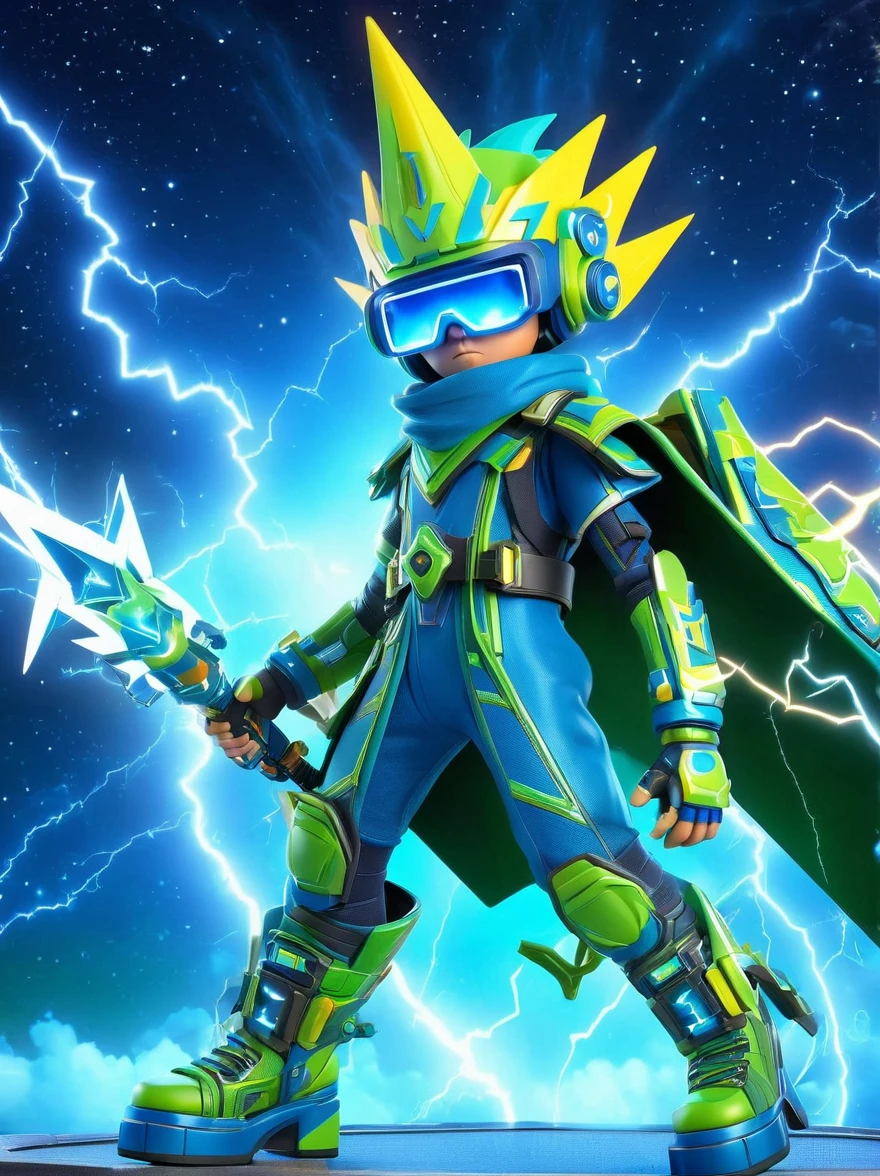 1boy, solo, Lightning energy，Electricity elements，Wearing a pointed headdress，Wearing large rectangular glasses，Blue Highlight Lightning，Wearing bright blue and green square clothing，High heel boots，Holding an electric weapon，Space starry sky background，Galactic battleship，Fighting Stance，Explosion，Best quality，Original，whole body，Cartoon Style，3D character rendering，Created with C4D and Blender，precise，Blind box toy style，Super Detail，Anatomically correct，masterpiece, 1djxz1