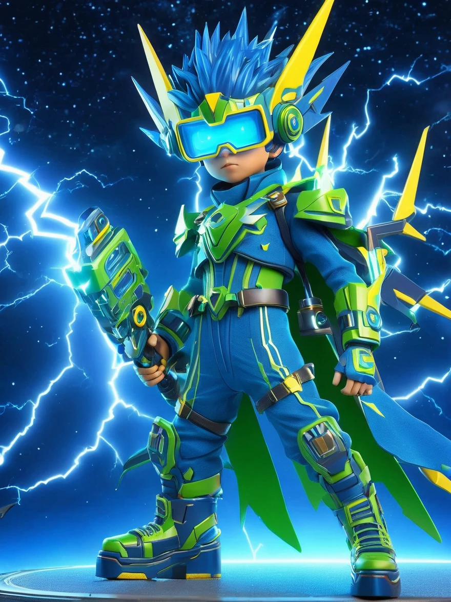 1boy, solo, Lightning energy,Electricity elements,Wearing a pointed headdress,Wearing large rectangular glasses,Blue Highlight Lightning,Wearing bright blue and green square clothing,High heel boots,Holding an electric weapon,Space starry sky background,Galactic battleship,Fighting Stance,Explosion,Best quality,Original,whole body,Cartoon Style,3D character rendering,Created with C4D and Blender,precise,Blind box toy style,Super Detail,Anatomically correct,masterpiece, 1djxz1