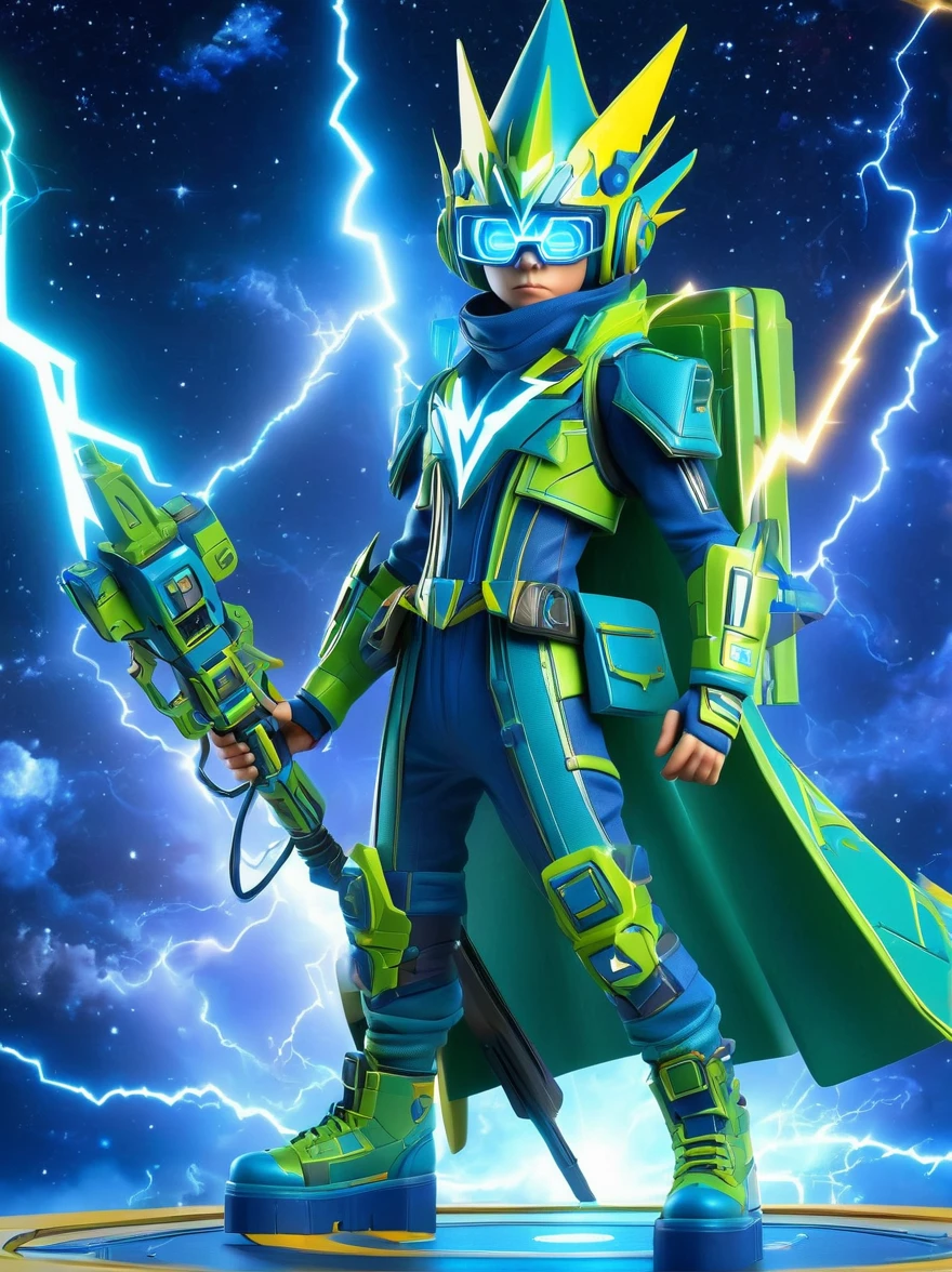 1boy, solo, Lightning energy，Electricity elements，Wearing a pointed headdress，Wearing large rectangular glasses，Blue Highlight Lightning，Wearing bright blue and green square clothing，High heel boots，Holding an electric weapon，Space starry sky background，Galactic battleship，Fighting Stance，Explosion，Best quality，Original，whole body，Cartoon Style，3D character rendering，Created with C4D and Blender，precise，Blind box toy style，Super Detail，Anatomically correct，masterpiece, 1djxz1