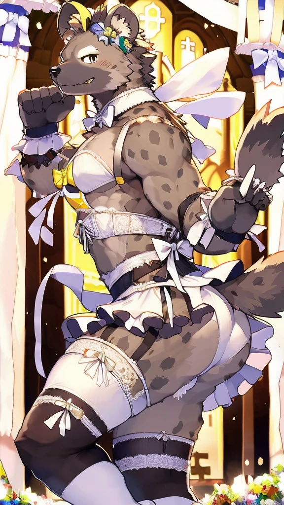 1people、male、gray spot hyena man, Grey body、masterpiece、highest quality、Revealing white lace underwear、Knee-high socks、Full body illustration、garter belt、Bra with ribbon、church、Idol costume with ribbons and frills、Side view、Ass