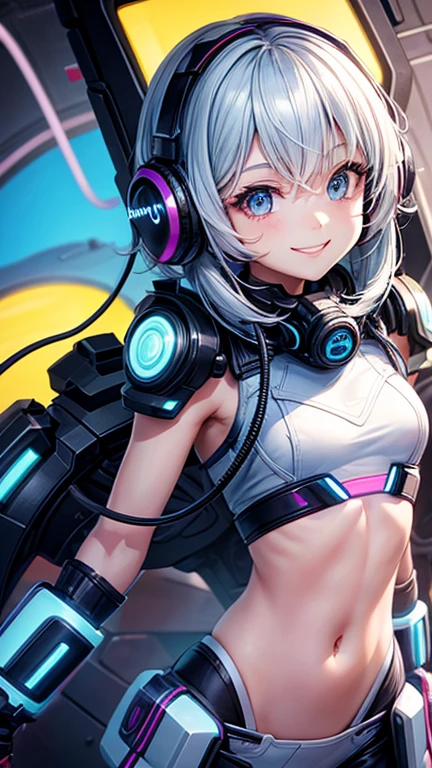 Futuristic girl using headphones with a cute smile