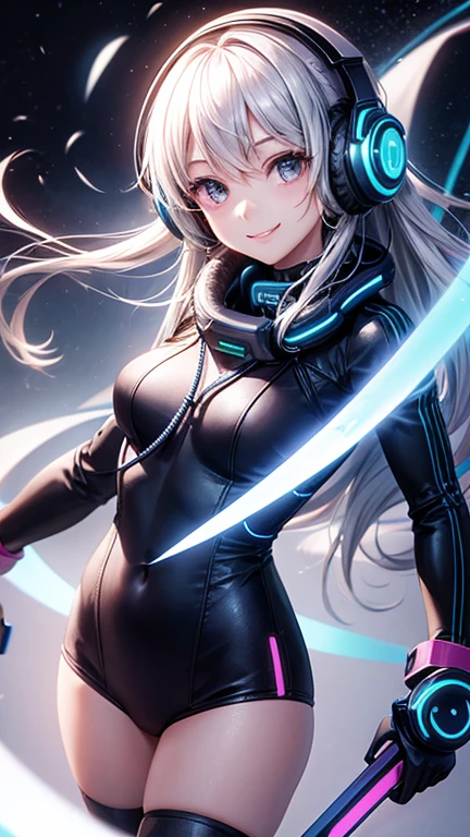 Futuristic girl using headphones with a cute smile