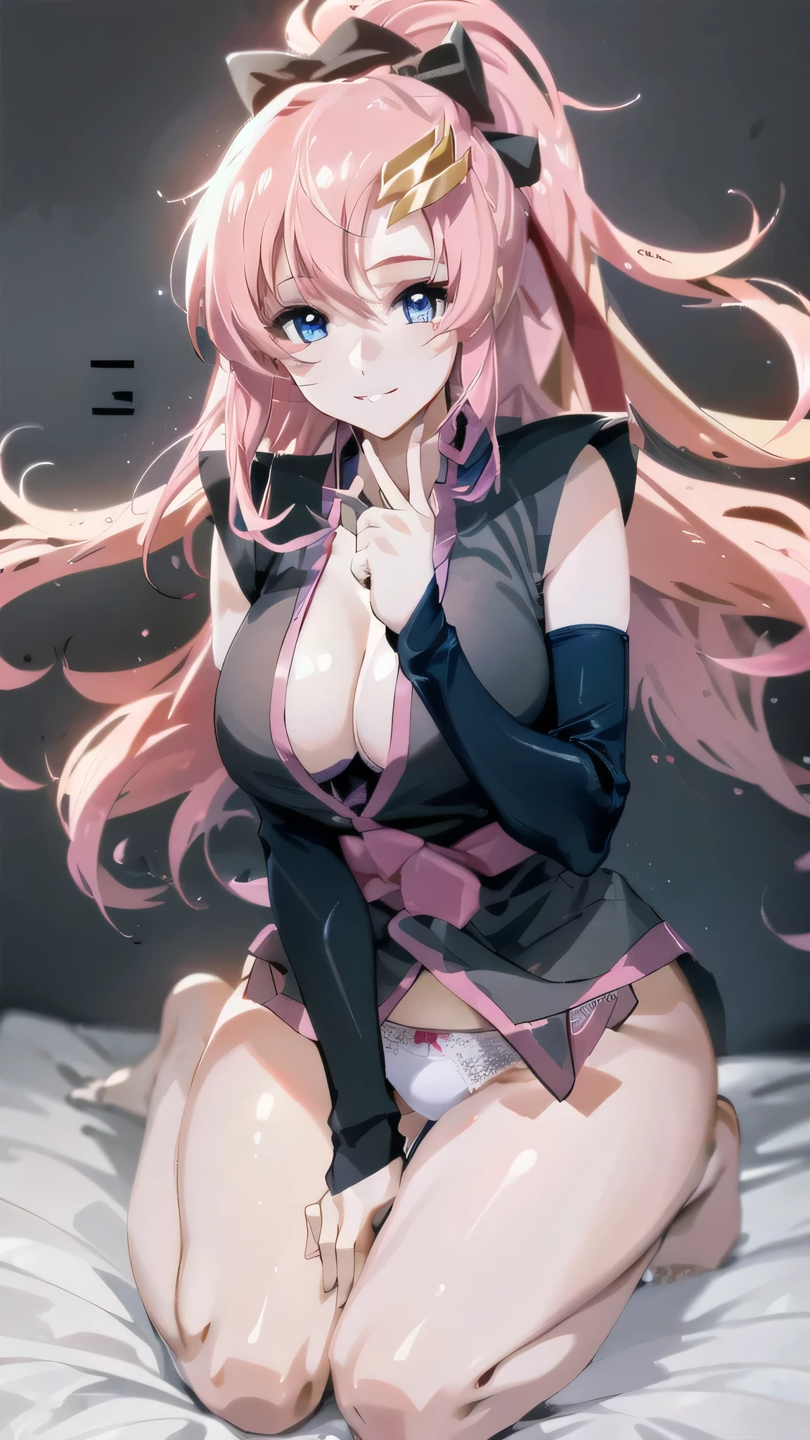 1girl,cleavage,alone, Pink Hair, Short kimono, blue eyes, hair ornaments, Very long hair, Black sleeves, Sleeveless, kimono, bow, Black kimono, hair bow, ponytail, Floating Hair, Hair between the eyes, Big Breasts, Sheet, Spaceship, smile, on the bed,bedroom,kneeling ,((white lace panties)),
break masterpiece ,8k unity wallpaper,anime key visual,highest quality, High resolution, (shape:0.8),anime coloring,black outline,
highly detailed face, detailed eyes,growing eyes,shiny skin,fine skin,white skin,dense skin,detailed hair,highly detailed legs,
perfect lighting, Detailed CG,
(perfect hands, perfect anatomy),High resolution,
Break slender limbs, delicate curves, dainty hands,figure:0.8,