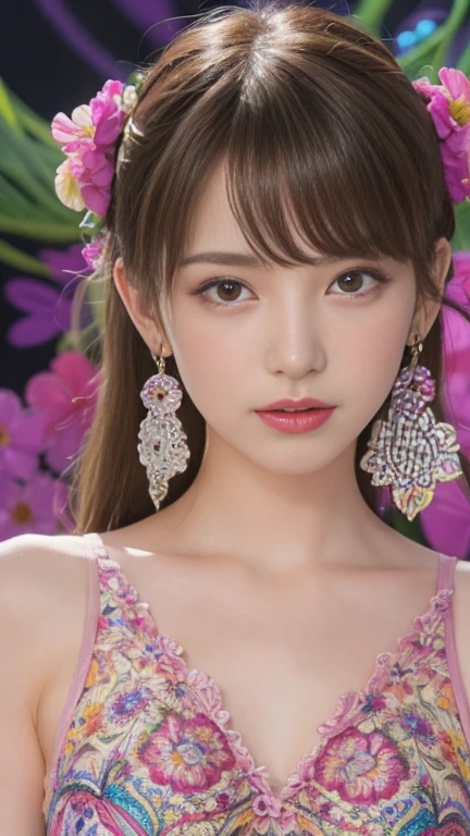 Ultra-high resolution、Ultra HD、8k、Ultra-realistic live-action、masterpiece、Real Live Action、(masterpiece, highest quality, highest quality, Official Art, beautifully、beautiful:1.2), (One Girl:1.3), Very detailed,(Fractal Art:1.1),(colorful:1.1)(Flowers:1.3),Most detailed,(Zentangle:1.2), (Dynamic pose), (Abstract background:1.3), nude, (Shiny skin), (Many colors:1.4), ,(Earrings:1.4),pantyhose