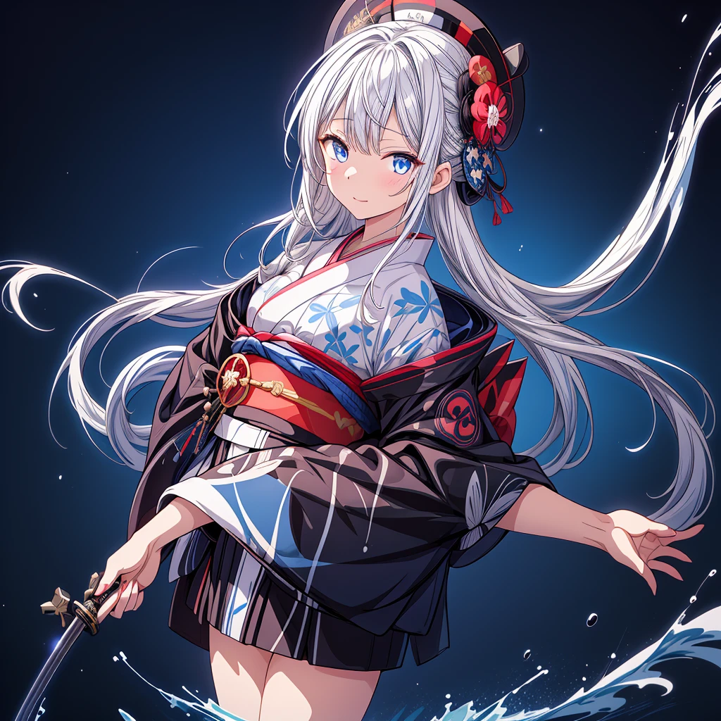A girl in a kimono stands holding a jet black Japanese sword with a glittering tsuba、White medium hair、blue eyes、A kimono with a galaxy pattern on a blue background、White splashes on a black background、super high quality、Ultra-fine detail、Ultra-fine kimono patterns,family crest、Facing the viewer、Water splash fractal art、