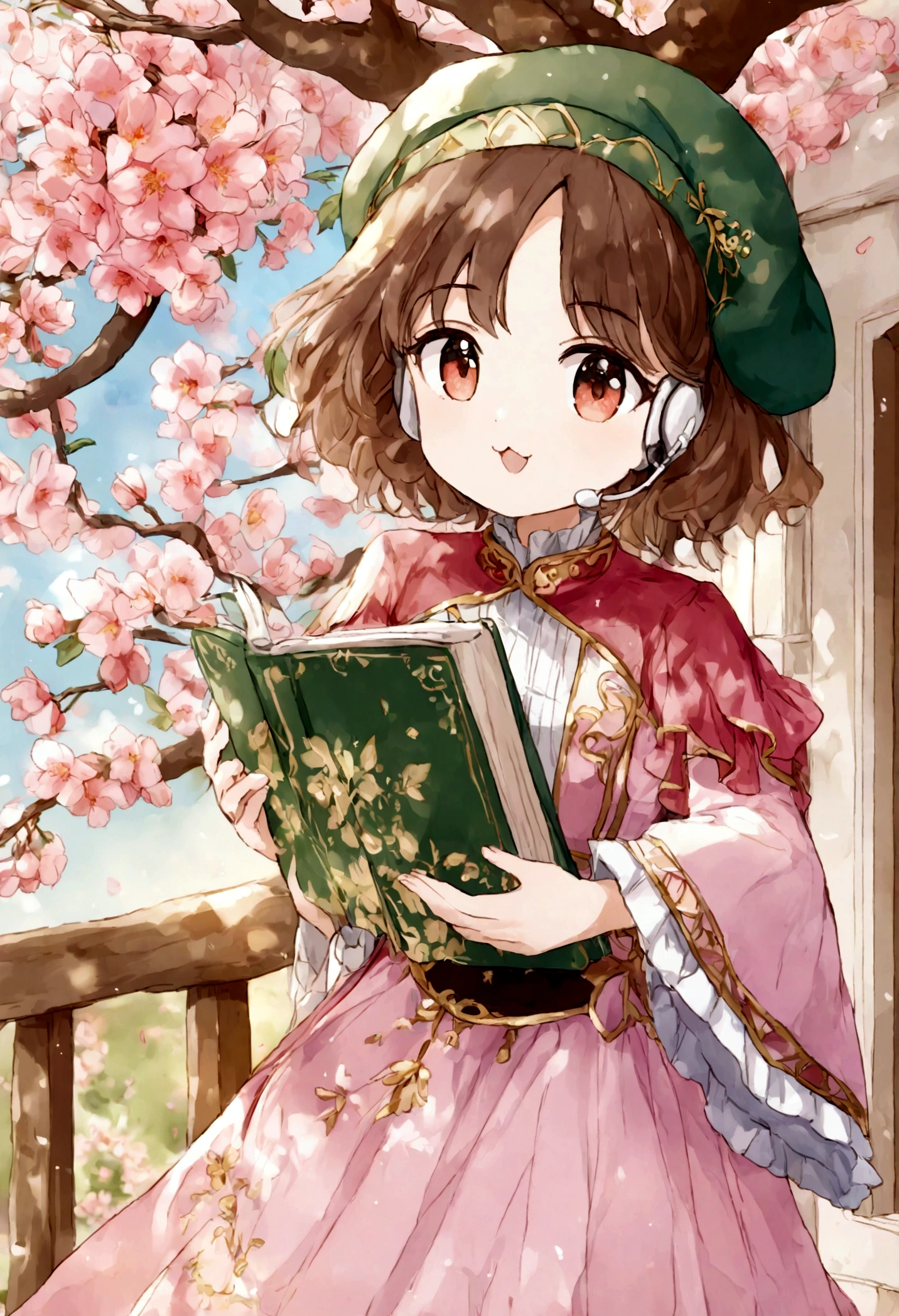 (Daisaku),(Need),(Super meticulous),(full bodyesbian:1.2),1girl,tchibi,adolable,ssmile,open-mouth smile,florals,exteriors,Raise your right hand,Hold a pencil in hand,Hold a book in your left hand,Music,Pink berets,Manteau,The tree,:3,The shirt,short detailed hair,peach blossom,green headwear,Blurred,brunette color hair,longer sleeves,By bangs,Earphone,brunette color hair,pinkflower,(beautiful detailed face),(Beautiful and delicate eyes),