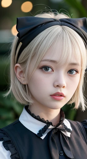 (masutepiece, Best Quality:1.2), 8K, 85 mm, Official art, Raw photo, absurderes, Platinum Blonde Hair, (Blue eyes, Lolita Fashion, sweetlolita, Gothic, Dress:1.2), Idol face, full body Esbian, Beautiful Girl, gardeniass, Copenhagen, Short sleeve, Elegance, Sophisticated, gardenia, Looking at Viewer, Film grain, chromatic abberation, Sharp Focus, face lights, Dynamic lighting, Cinematic lighting, Detailed face, Bokeh background