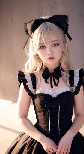 (masutepiece, Best Quality:1.2), 8K, 85 mm, Official art, Raw photo, absurderes, Platinum Blonde Hair, (Blue eyes, Lolita Fashion, sweetlolita, Gothic, Dress:1.2), Idol face, full body Esbian, Beautiful Girl, gardeniass, Copenhagen, Short sleeve, Elegance, Sophisticated, gardenia, Looking at Viewer, Film grain, chromatic abberation, Sharp Focus, face lights, Dynamic lighting, Cinematic lighting, Detailed face, Bokeh background