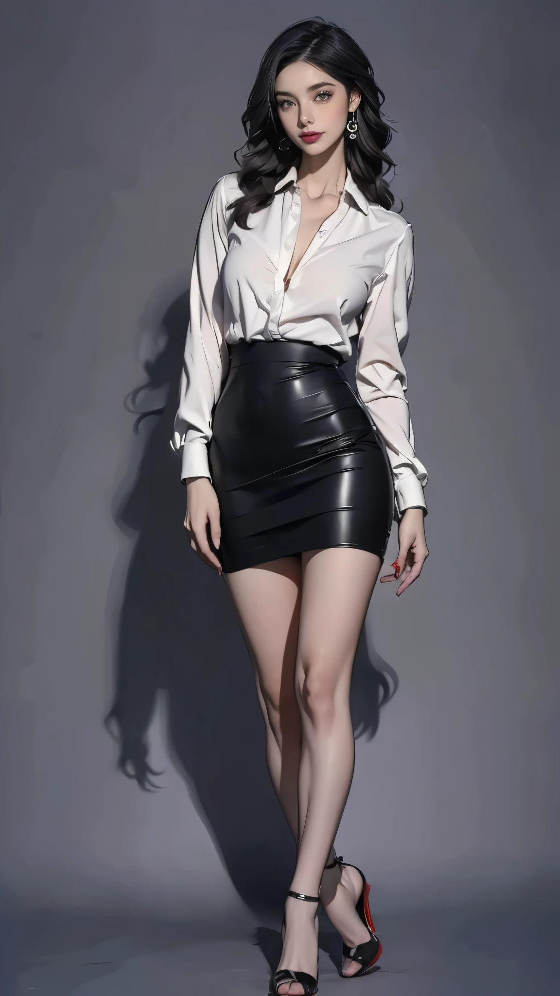 ((best quality, 4k, highres, masterpiece:1.2)), ((character concept art)), ((Megan Fox)), 1girl, beautiful detailed eyes, beautiful detailed lips, extremely detailed face, long eyelashes, ,dark voluminous hair, classic Hollywood glamour, wearing black short pencil skirt and tight white blouse, point highheels, sophisticated accessories, soft lighting, dramatic shadows, cinematic feel, high-quality, photorealistic, digital painting, chiaroscuro, warm color palette, ((intricate detail)), super finely detailed hands, ultra finely detailed fingers (((ten fingers))), (standing elegantly), (full body showcase), (show full body), (no logos on background), (no logo), ((plain background)), ((plain background)), (((empty background)))