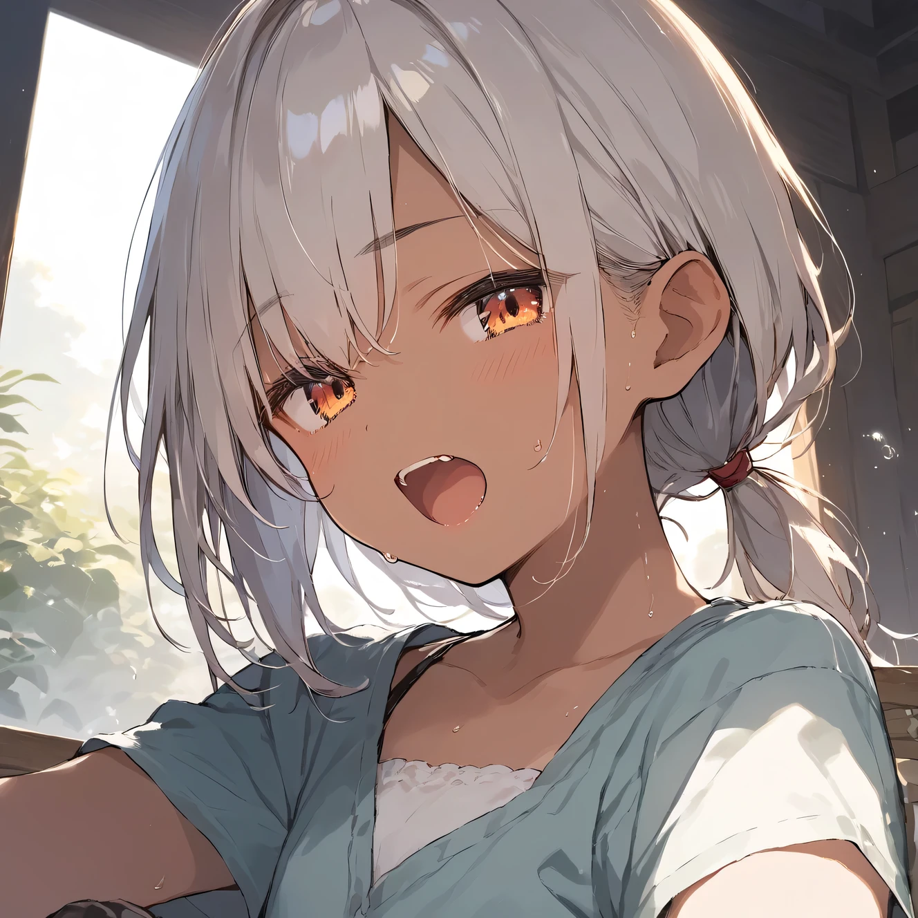 score_9, score_8_up, score_7_up, source_anime, best quality, masterpiece,official art, absurdres, highres, waifu2x,break,1girl, tomboy, dark-skinned female, short hair, low ponytail, flat ?????,  beautiful detailed eyes, short shorts, sweat, open mouth, (yawn:0.3),  sleepily, outdoors, break,(clear line illustration:1.2),very high resolution, very aesthetic, super detailed skin, Best ?????? lighting powered by famous artist, 8k,cute picture,beauty illustration,photoshop_(medium),,(Detailed Lighting)

