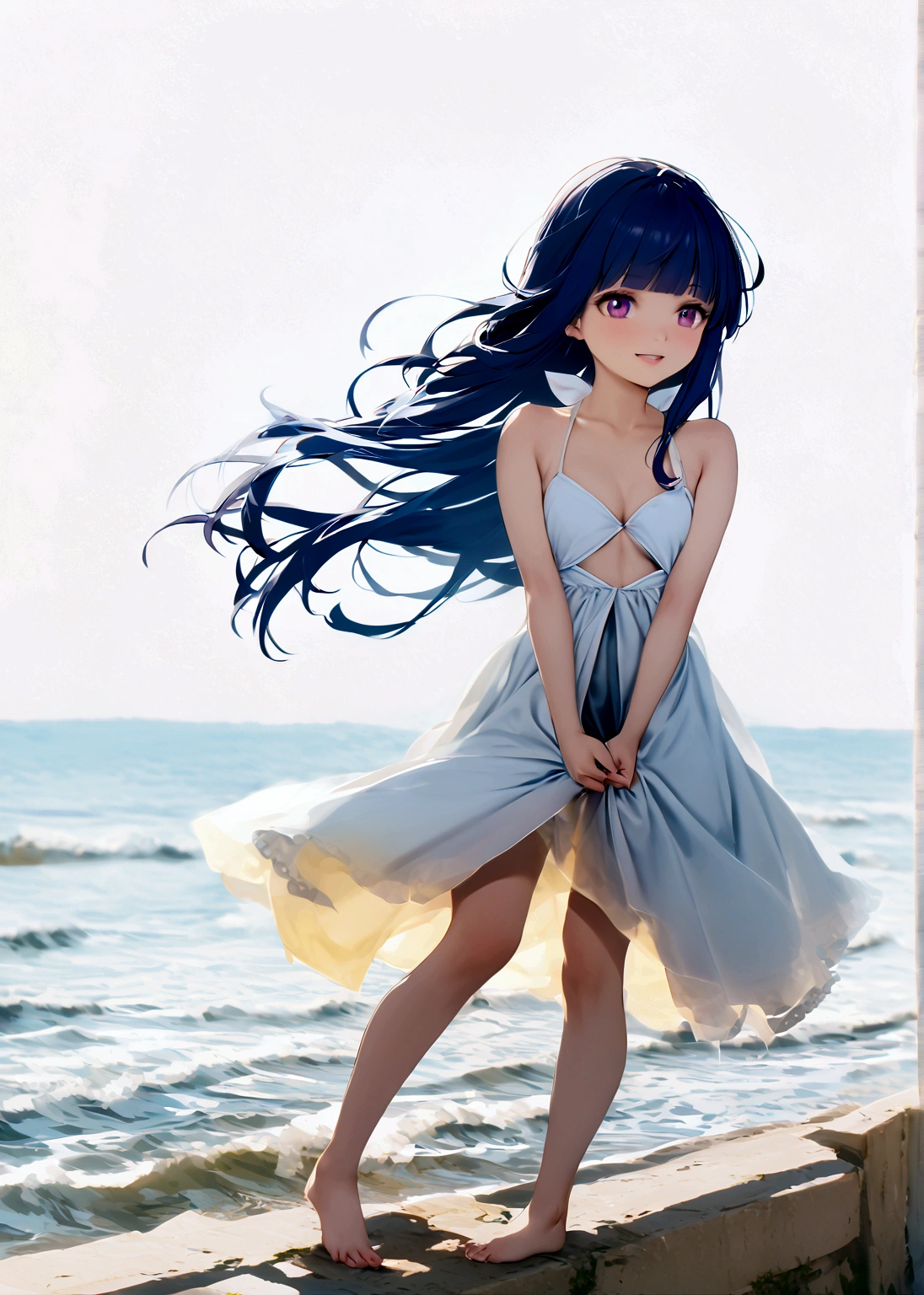 One girl, alone, Full Out Rika, cute, Blue Hair, Purple eyes, Long Hair, blunt bangs, bangs,barefoot
