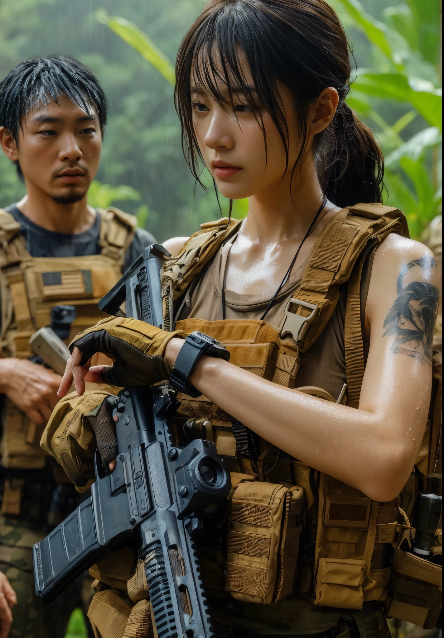 8k,Realistic Photo、Realistic Skin Texture、Superrealism、Japanese women in the US Special Forces、jungle、rifle、Meeting with teammates to confirm strategy、Vigilance、after the rain、Bulletproof vest、Watch on left arm、Tshirt、Military Pants、jungleブーツ、Tattoo、humidity、Sweat running down my face、gesture、discussion、Dynamic pose、Watch the clock