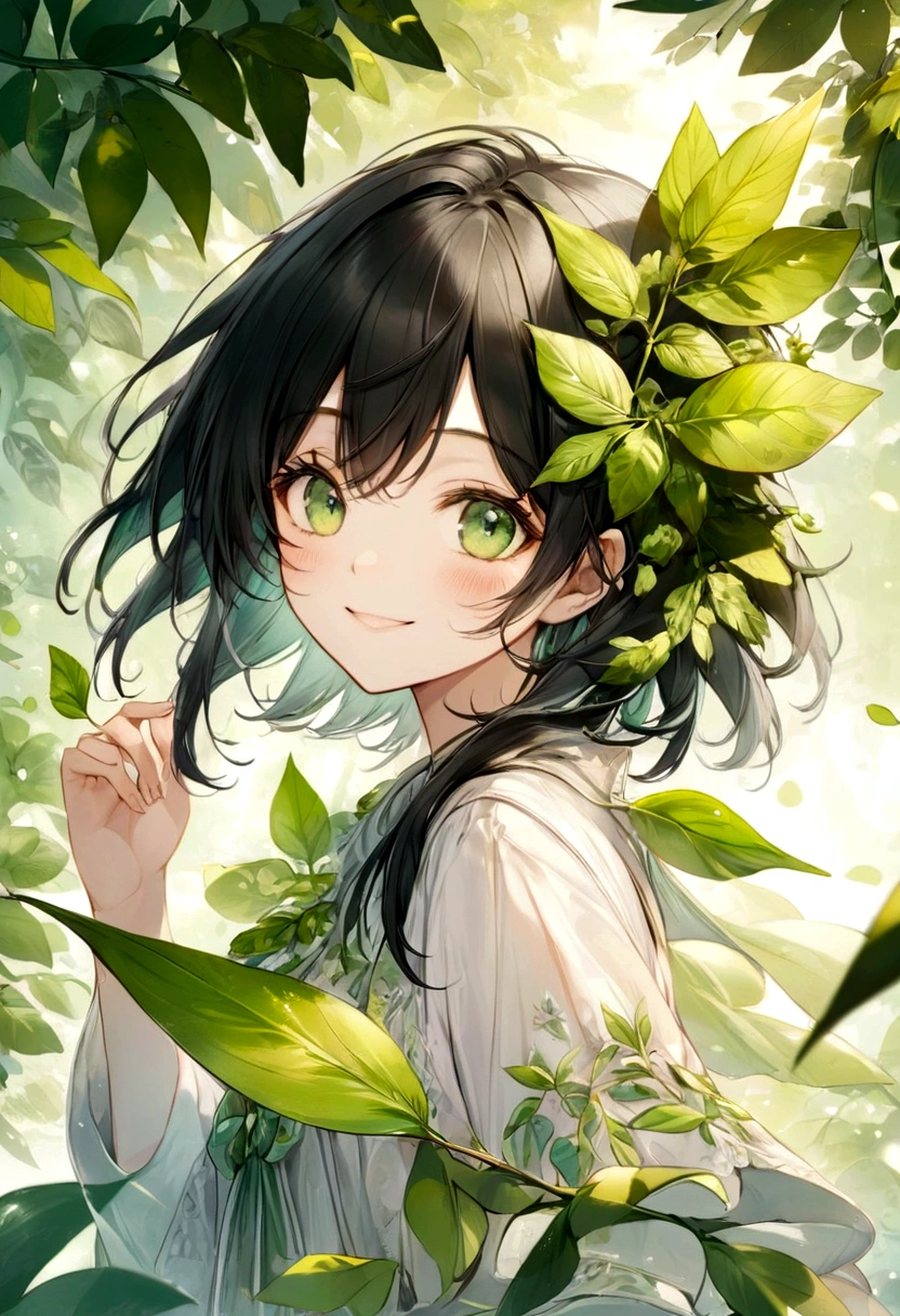 Female, Leaf Element, Smiling, Green Eyes, Black Hair