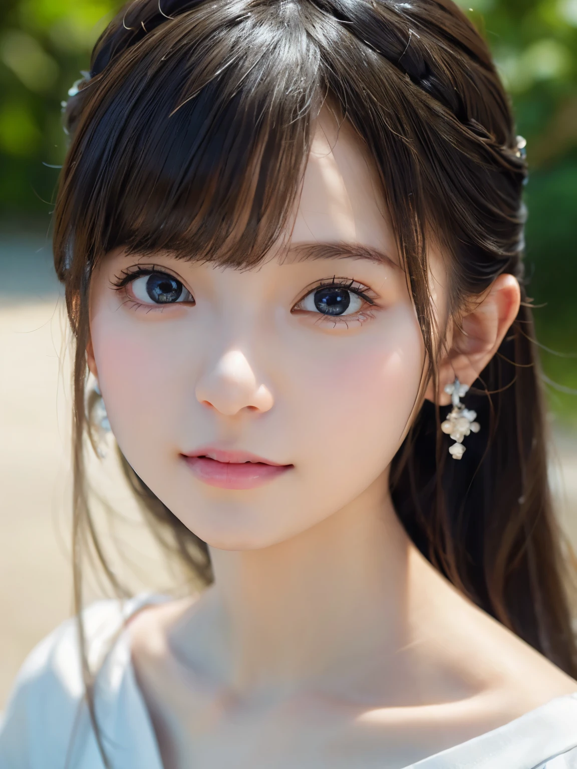 Close-up portrait of a woman wearing a white off-the-shoulder top dress and earrings, Soft Portrait Shot 8K, Nice delicate face, High-quality 4K portraits, High-quality portraits, Soft and perfect white skin, 8k highly detailed face, Beautiful and delicate face, Beautiful light big eyes, Beautiful and realistic face, Beautiful young woman, Beautiful and realistic face, Cute young woman