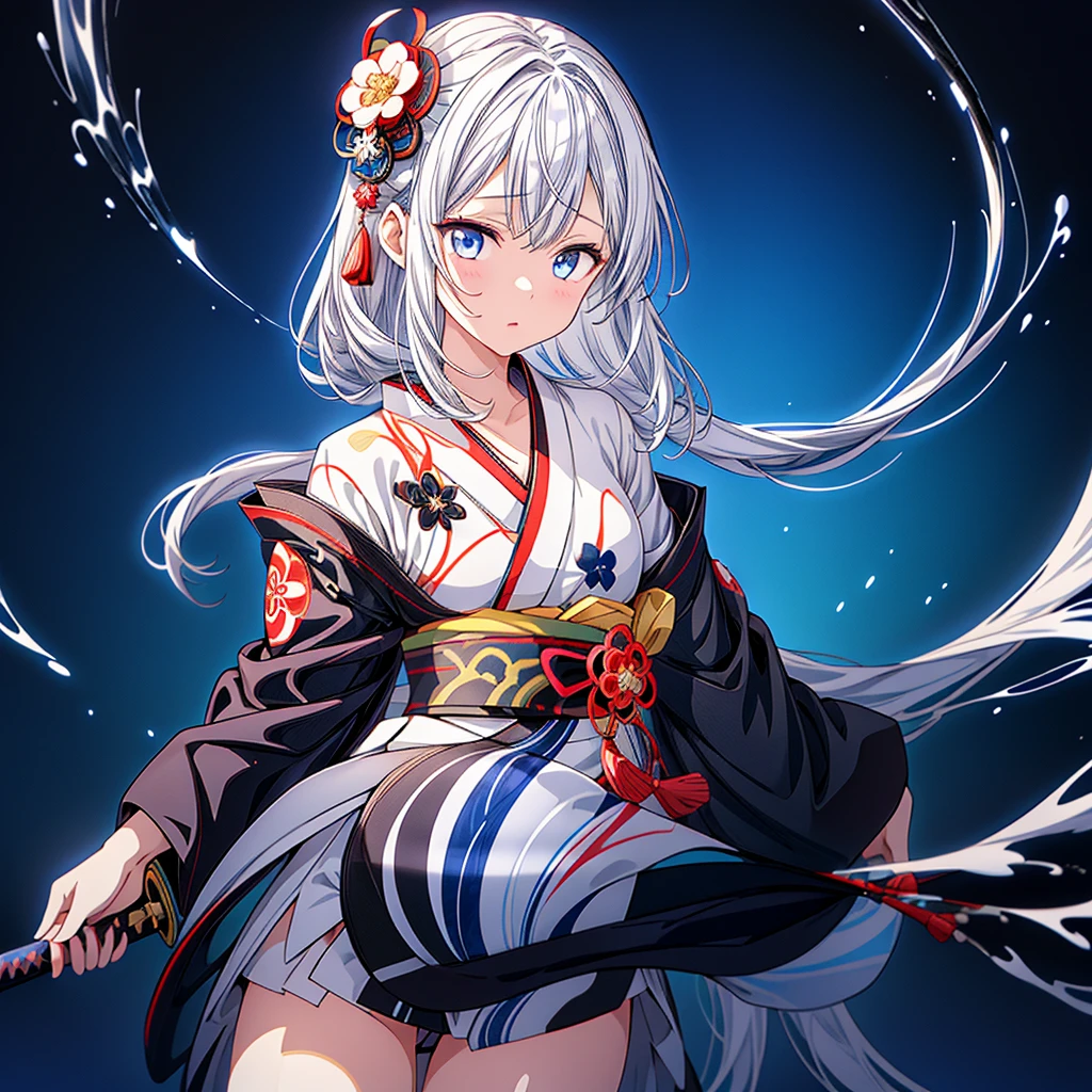 A girl in a kimono stands holding a jet black Japanese sword with a glittering tsuba、White medium hair、blue eyes、A kimono with a galaxy pattern on a blue background、White splashes on a black background、super high quality、Ultra-fine detail、Ultra-fine kimono patterns,family crest、Facing the viewer、Water splash fractal art、