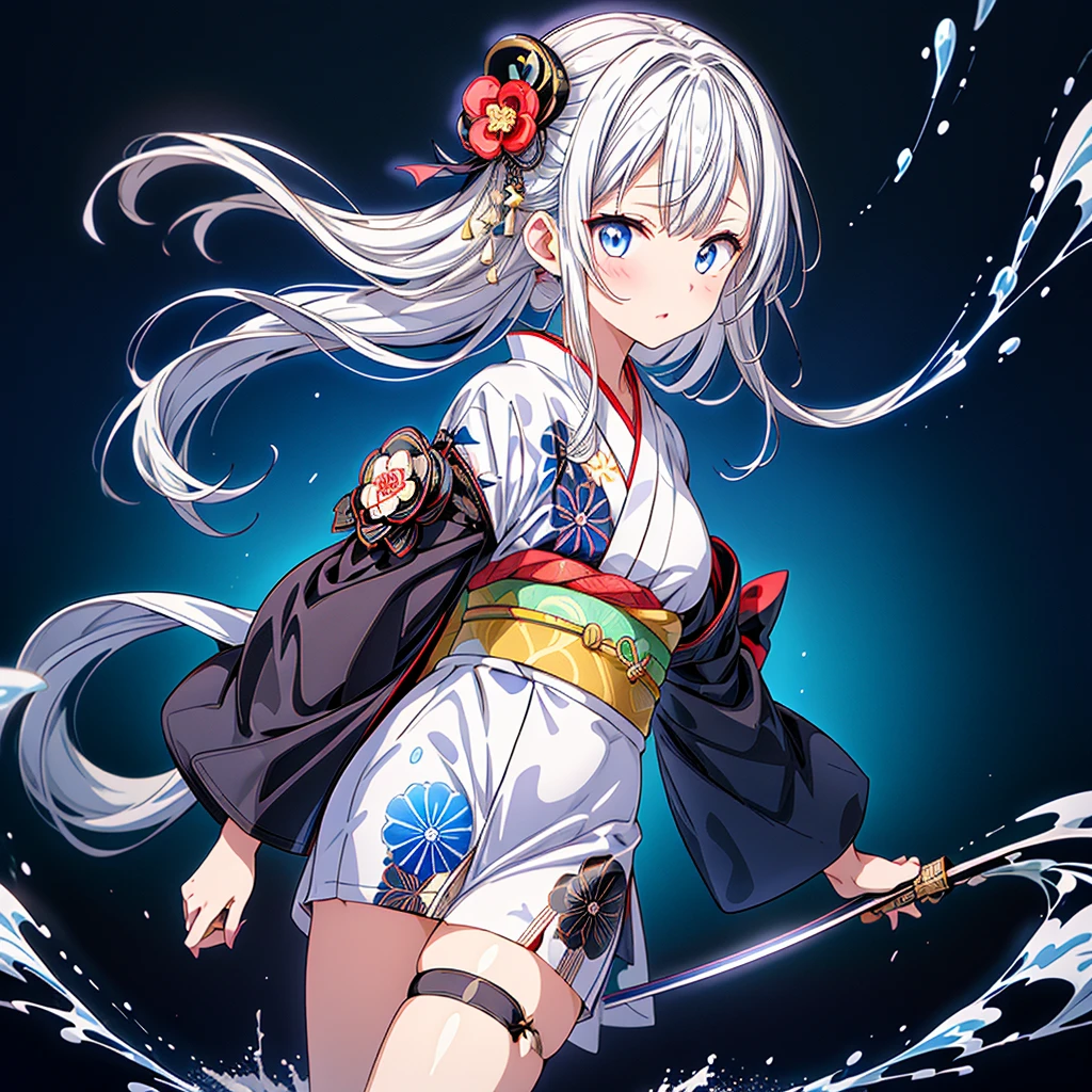 A girl in a kimono stands holding a jet black Japanese sword with a glittering tsuba、White medium hair、blue eyes、A kimono with a galaxy pattern on a blue background、White splashes on a black background、super high quality、Ultra-fine detail、Ultra-fine kimono patterns,family crest、Facing the viewer、Water splash fractal art、