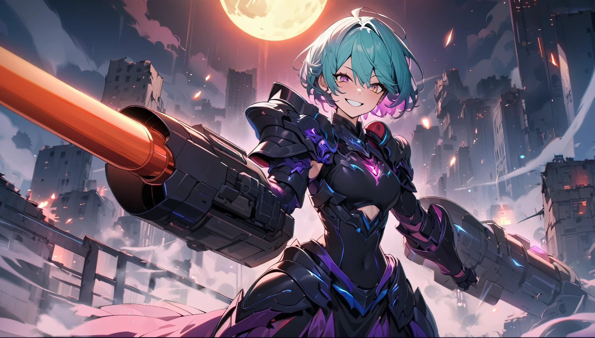 ,1girl,(:1.5), (short_ponytail:1.3), (light_whitish_purple_hair:1.3),black_mechanical_armor,white_breasts_parts_red_black_body_suit,bare_shoulder,bare_slender_thighs,medium_breasts,city_background,Stinging_eyes,sleepy,thighhigh_greaves,gauntlets,dynamic_posing,bare_frank,metal_red_parts_armor,red_eye,solo,
fists,hold_weapon,glare,navel,large_mechanical_parts,happy,waist_armor,open_mouth,rise_legs,apart_legs, (covered_navel:1.3),(very_long_bangs:1.3), (hair_over_one_eye:1.5),(long_bang_covers_right_half_of_face:1.5),
(covered_pussy:1.1),covered_breasts,fighting,