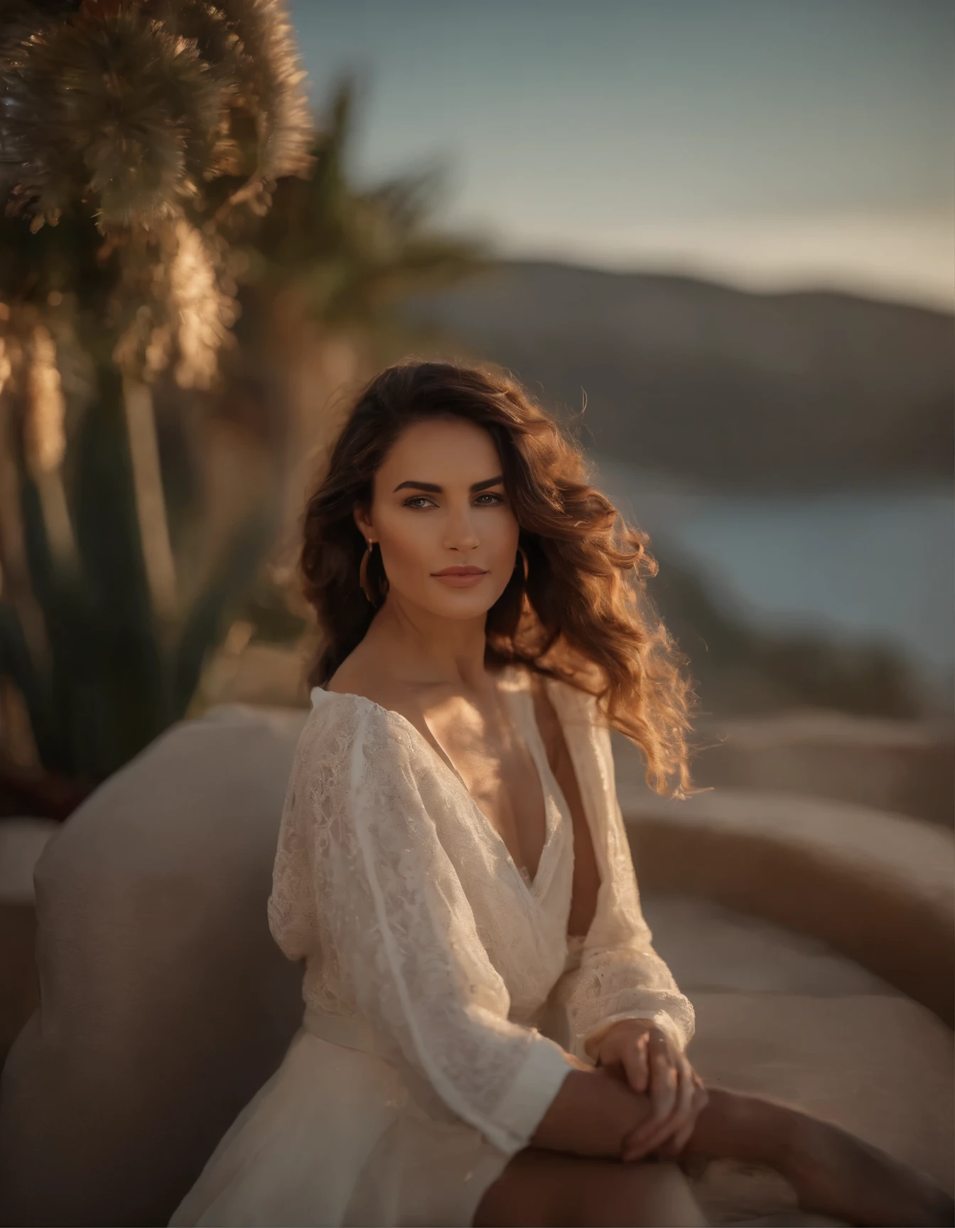 photography of a stunning girl, full body view, wearing a classy clothes, beautiful view of marbella in the background, natural bust, wavy hair, intense look, smiling, symmetrical eyes, symmetrical face, photorealistic, photography, path tracing, specular lighting, volumetric face light, path traced hair, visible shadows, intricate, elaborate, hyper realistic