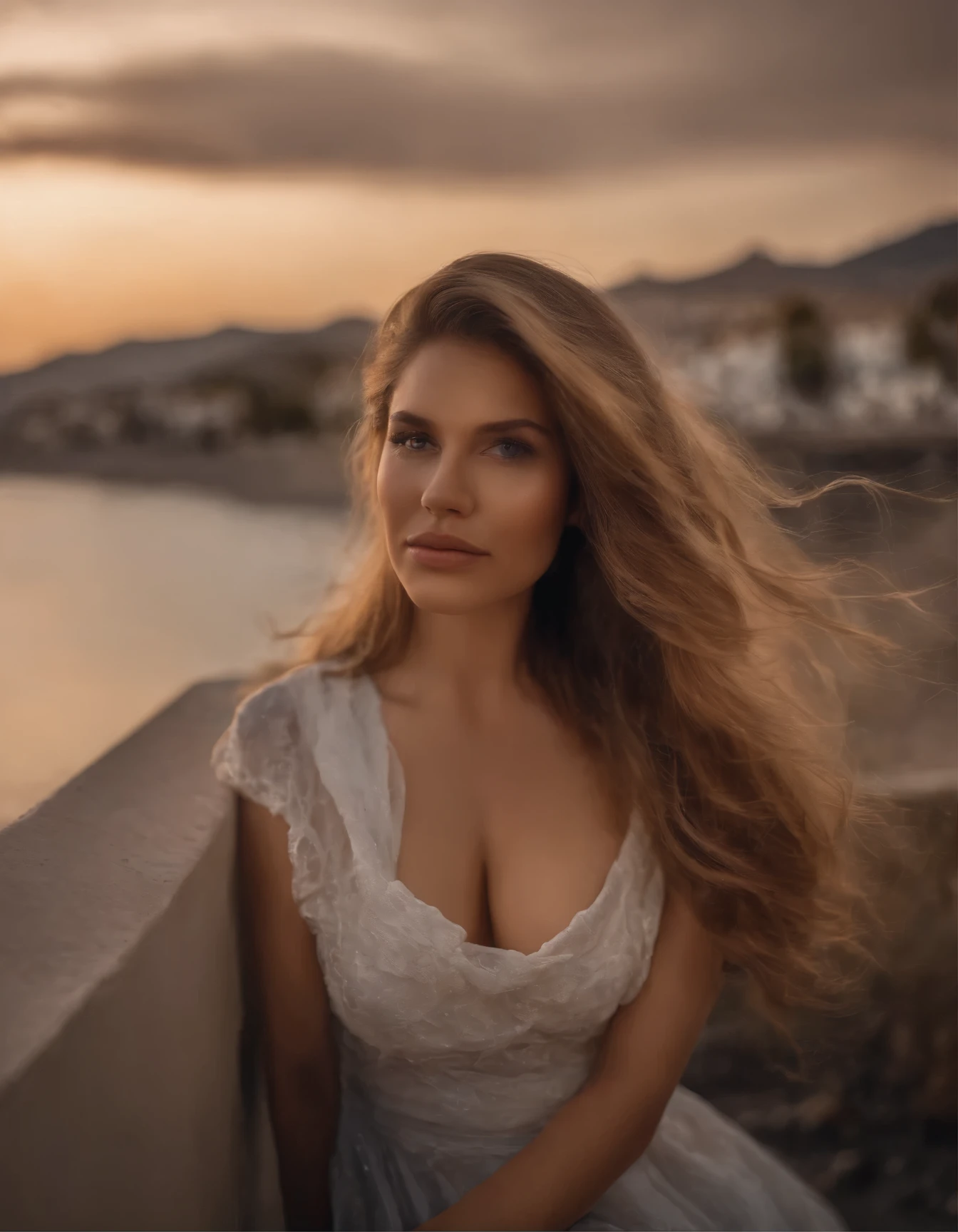 photography of a stunning girl, full body view, wearing a classy clothes, beautiful view of marbella in the background, natural bust, wavy hair, intense look, smiling, symmetrical eyes, symmetrical face, photorealistic, photography, path tracing, specular lighting, volumetric face light, path traced hair, visible shadows, intricate, elaborate, hyper realistic