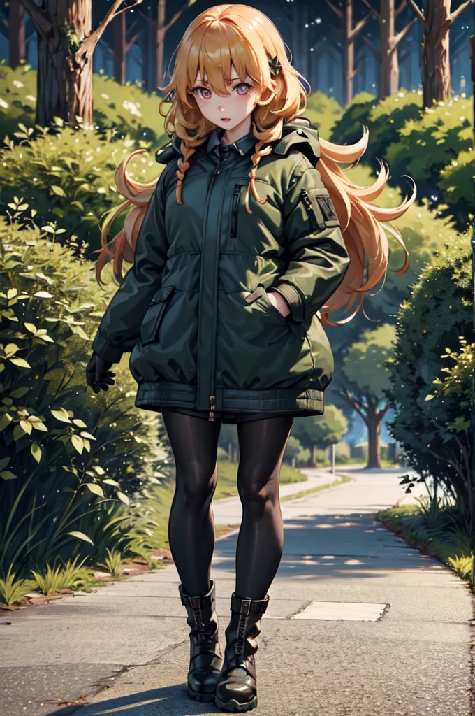 The girl no face, hides her face with a hood ,girl in military jacket, black gloves  and boots,camouflage jacket,army boots,detailed facial features, night dark forest background,sunlight filtering through trees,warm color palette,golden hour lighting, dark horror