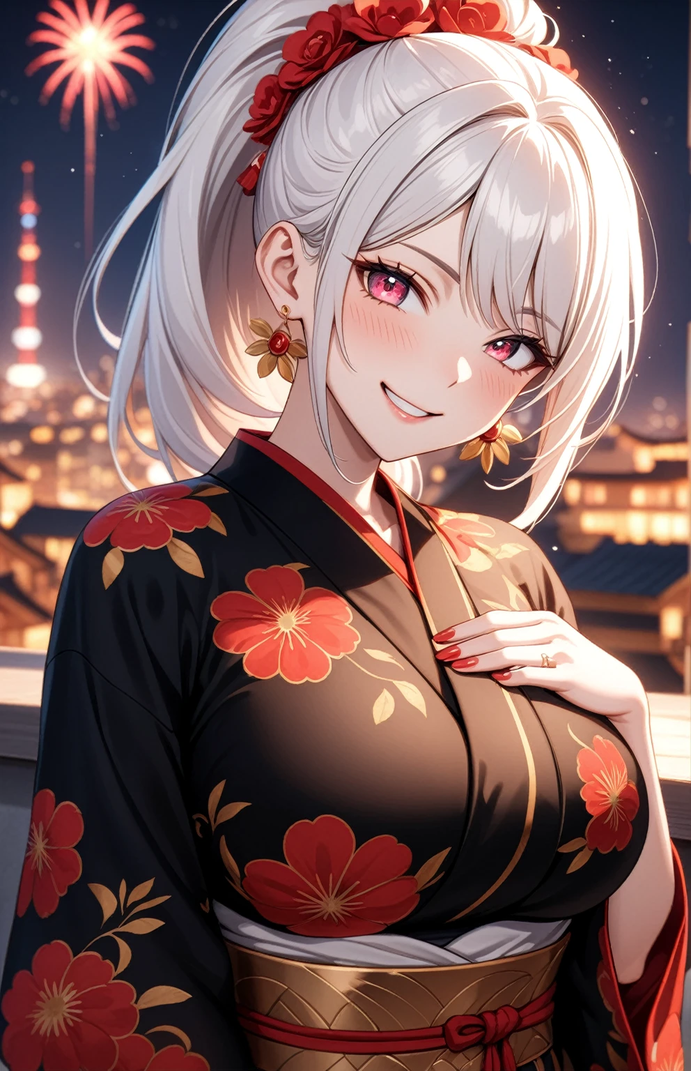 ((one personの女性)), Beautiful Face,Laughing embarrassedly,((Wink:2.0)),Laughing with your mouth open,((Bright red cheeks:1.3)),Glossy pink lips,night,rooftop,firework,((Anime style background)),masterpiece, highest quality, so beautiful, Latest, Complex details, (Pink long nails),(ring),AI-generated, Complex,High resolution, highest quality, super high quality,3D Images、View your viewers、3D Images,one person,Long white hair,High Ponytail,blue eyes,Anime woman posing for a photo, ((Fine grain、Colorful eyes、Shining Eyes:1.1)),(Squint your eyes:1.1),a hyperRealistic , hyperRealistic , Realistic,Anime woman with long and white hair, Smooth anime CG art, A woman in a colorful kimono with gold embroidery, (Black kimono),Red floral pattern,Long flower hair ornament,Big earrings,Mature Body,(Big Breasts:1.1),Tall,Big Ass,Fine details,Narrow waist,(Face close-up:1.4),(Beckon)