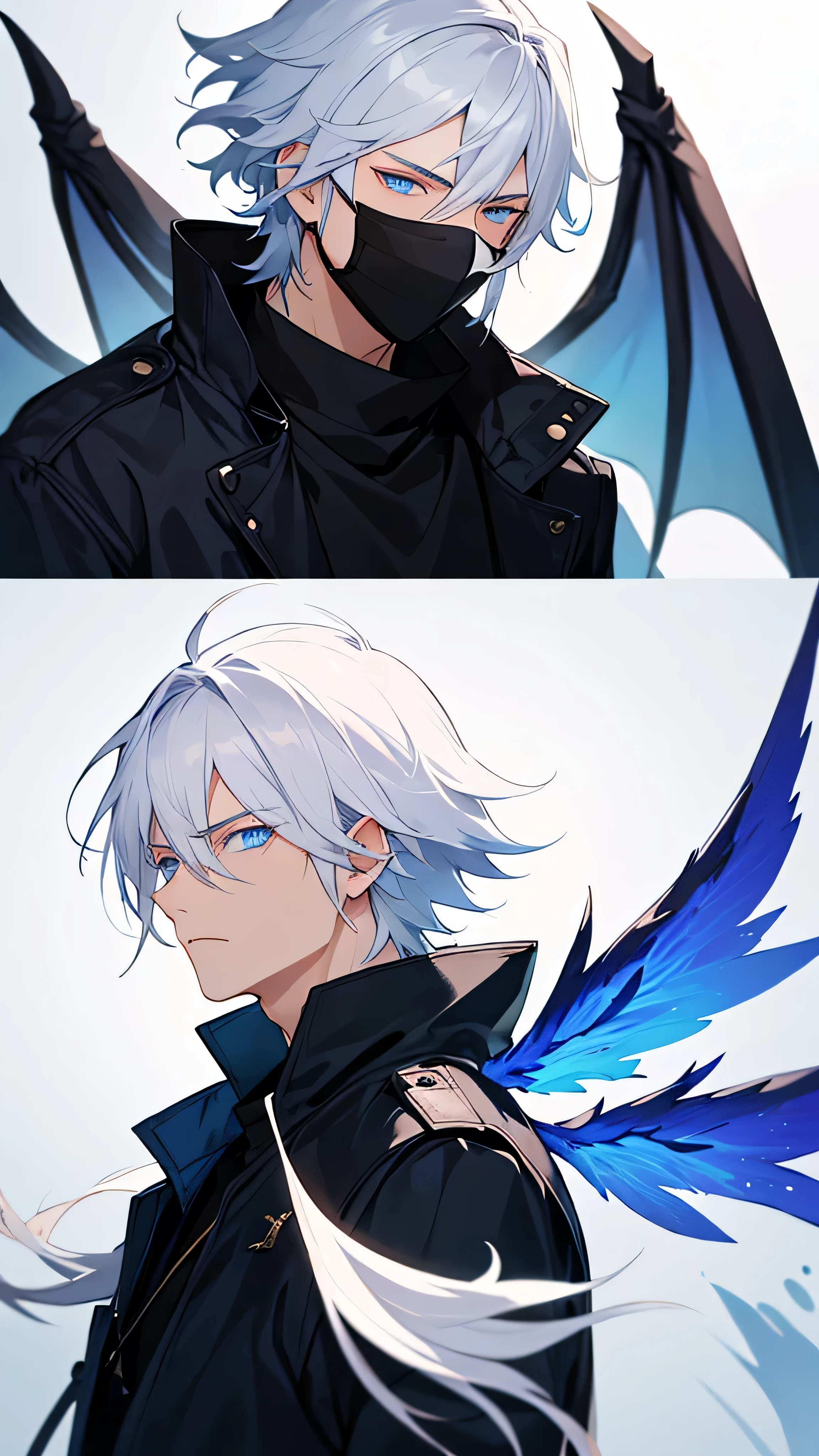 A white-haired demon,male,Cold,Melancholy,Blue eyes,Big wings that are half black and half white,Half face mask,A little more handsome,More Melancholy