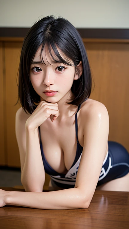 (1 girl, alone, Japanese Girls), 15 years old,highest quality, Tabletop, 8k, High resolution, Super detailed, (Portraiture), , Black Hair, short hair, Hair Clip, Shiny skin, Flat Chest,,  (Middle school students:1.5, Swimwear