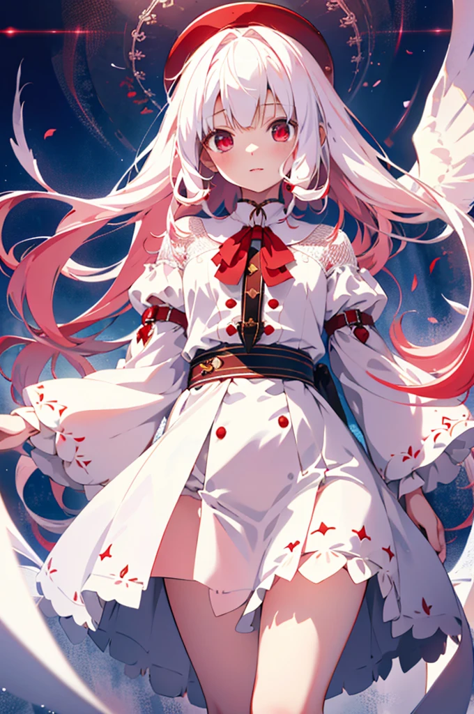 Beautiful illustrations, highest quality, Cute  girl, (Conversion Sequence), Transformation Magical Girl, Little, White Magical Girl, Fractal Art, albino, Baby Face, Long pure white red mesh hair, Beautiful and detailed red eyes, Cinema Lighting, Cowboy Shot, View Viewer, From below, Happy