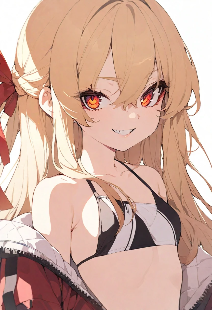 (masterpiece), (best quality), perfect face, beautiful girl, white background background, delicate and beautiful face and eyes, dark intense shadow,
1 girl, vtuber style, cool girl, blond middle hair, blond straight hair, small ahoge, amber eyes, sharp eyes, sharp gaze, hair between eyes, bikini, wet body, red jacket, unzipped jacket, small chest, cropped shoulders, clavicle, winking, smile, bare feet, chest visible through clothes, ass visible through thighs, (full body), white background,
