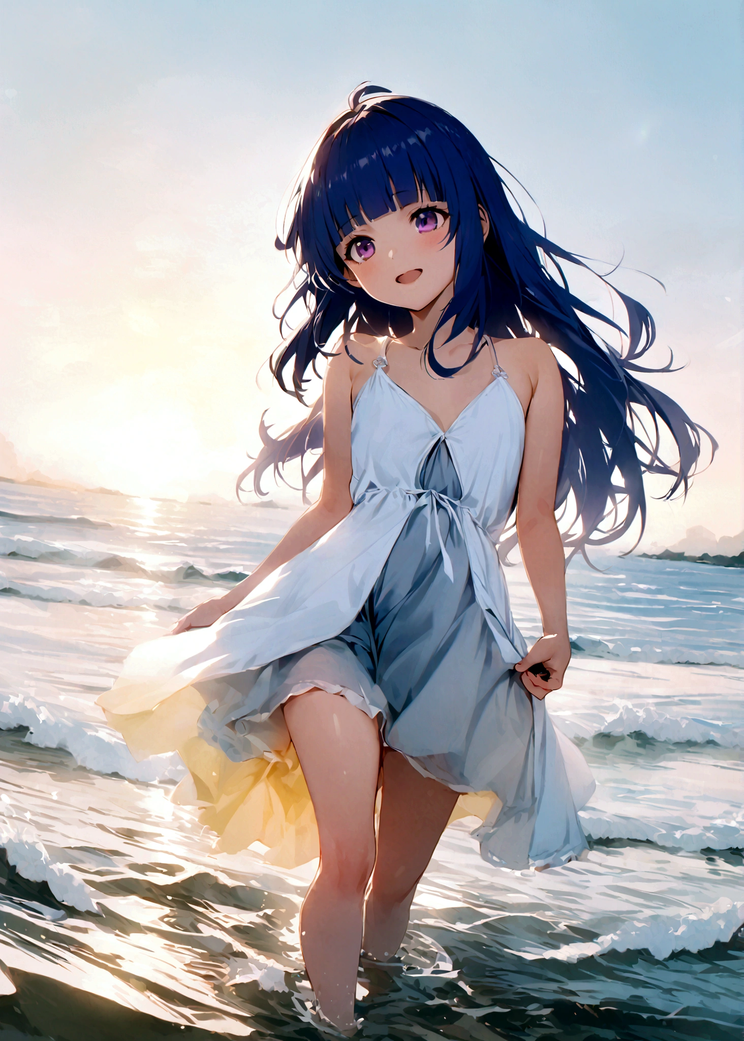 One girl, alone, Full Out Rika, cute, Blue Hair, Purple eyes, Long Hair, blunt bangs, bangs,White Dress, barefoot