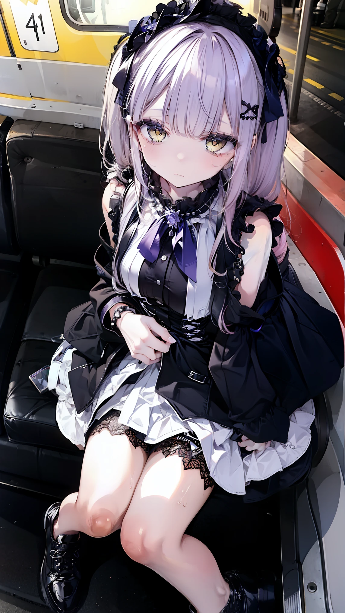 (highest quality), (masterpiece), 1080p, High resolution, 4K, 8k, Thigh straps, Shooting from directly below, spanning me, The woman on top of me, Only the nipples are exposed, Gothic Lolita, White sweat, Covered , Sweaty, Woman looking down, To achieve this, , Small breasts, Upper Body, Black leather shoes, Braided hair, Ear hair, Inner Color, Embarrassed face, Long purple hair, Yellow Eyes, bracelet, train