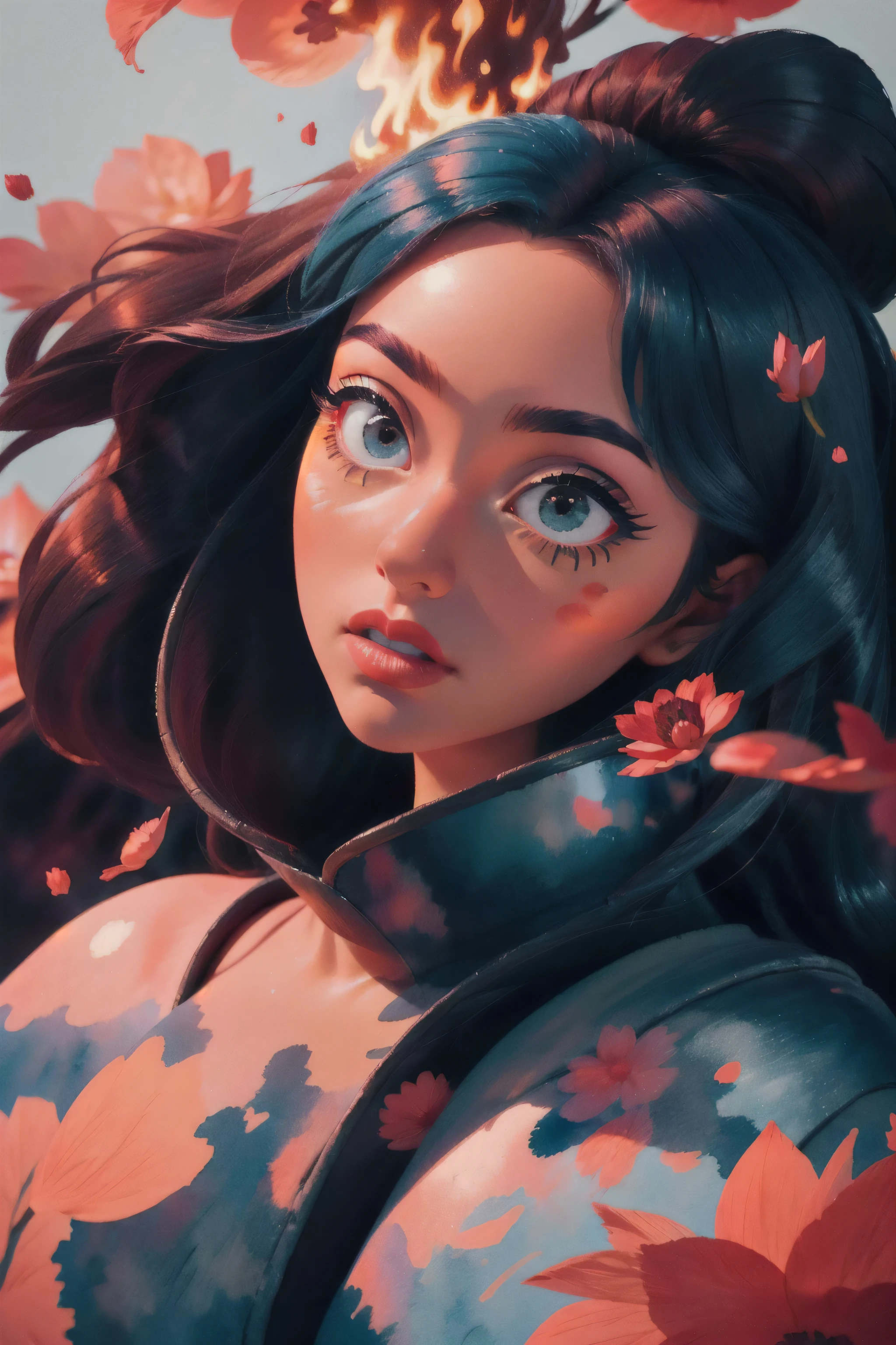 (masterpiece:1.4), (best quality:1.4), A beautiful girl with blue hair, with big blue eyes, in detailed metallic armor, knight armor, lips, makeup, front angle, natural pose, Dramatic lighting, in the red background, depth of field, 3d animated cartoon, vibrant, colorful, Watercolor, Ink, (best quality,4k,8k,highres,masterpiece:1.2),ultra-detailed,extremely detailed eyes and face, long eyelashes, vivid colors, detailed background, detailed face, (fire theme:1.1), (style-swirlmagic:0.8), floating red particles, floating red petals, loraeyes