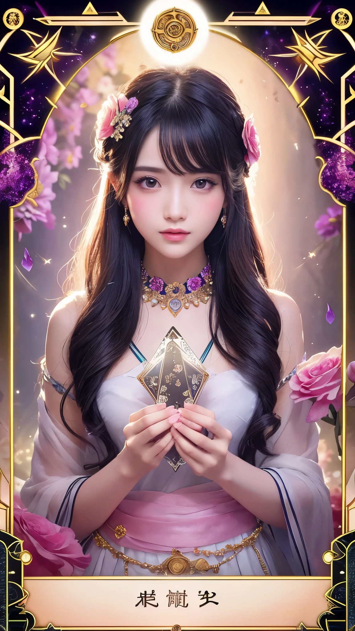 highest quality、masterpiece、High resolution、Perfect detail、(Very elegant and beautiful:1.1)、(Official Art、Beautiful and aesthetic:1.2)、(Fractal Art:1.3)、(Lots of flower effects:1.4)、One girl、Looking_in_Audience、portline、solo、Very vibrant colors、(Various flower effects:1.3)、Lots of petals、beiniful lights、Quality beauty、(A detailed face with detailed eyes:1.1)、(Beautiful and vivid background: 1.1)、Beautiful female fortune teller with crystals、(Tarot Cards:1.4)、Ren Hao、ribbon、Flowers and petals、beautiful concept illustrinion、fortune teller&#39;tent in a dark alley、Under the hood、Ugly old woman in strange gypsy costume sitting in table、Tarot Cardsとウィジャボードに手を置きます