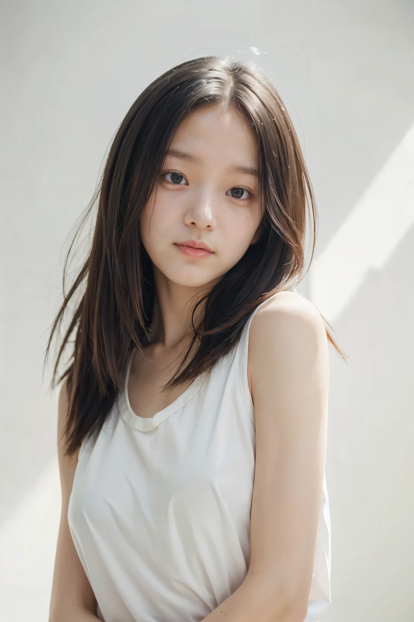 1girl, long hair, White top, (white background:1.2), from front, standing, (soft lighting:1.2), shot on Canon EOS 5D, BREAK
(upper body:1.2), , best quality, ultra high res, (photorealistic:1.4), masterpiece, real-life skin, hyper real, perspective, detailed beautiful eyes and detailed face,   