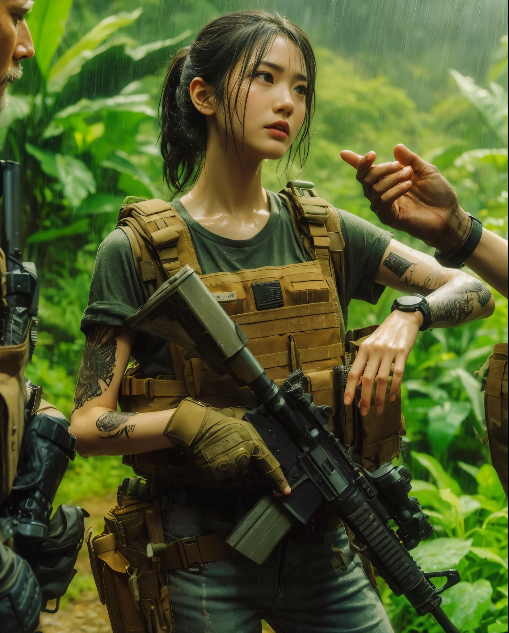 8k,Realistic Photo、Realistic Skin Texture、Superrealism、Japanese women in the US Special Forces、jungle、rifle、Meeting with teammates to confirm strategy、Vigilance、after the rain、Bulletproof vest、Watch on left arm、Tshirt、Military Pants、jungleブーツ、Tattoo、humidity、Sweat running down my face、gesture、discussion、Dynamic pose、Watch the clock