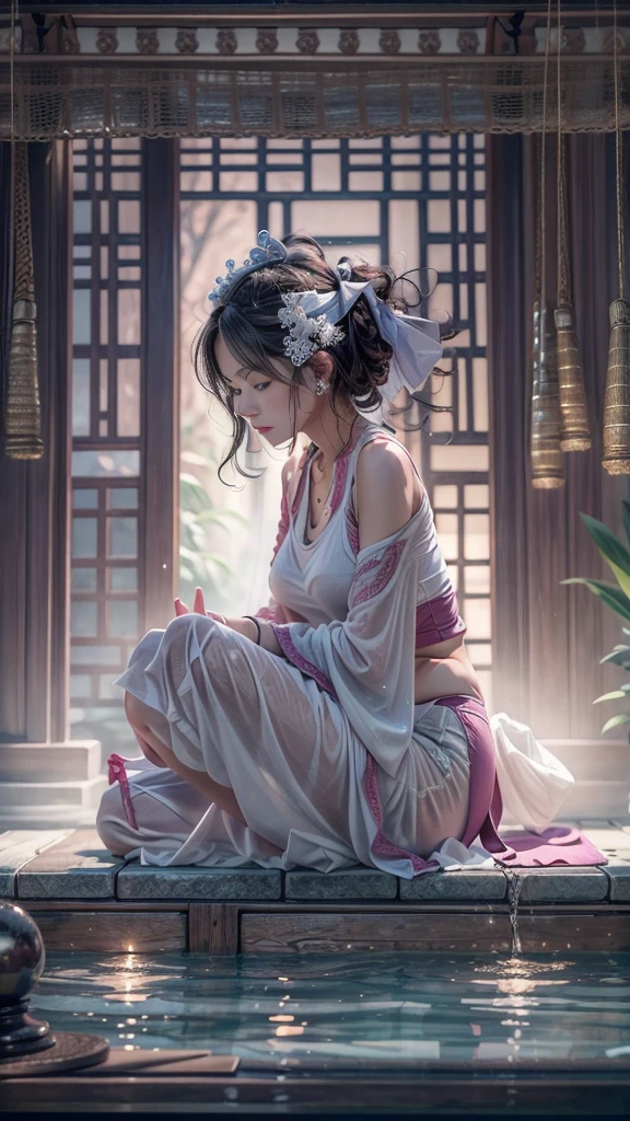 (RAW shooting, 32k:1.5, highest quality, masterpiece, Ultra-high resolution), (Night outdoors, Dramatic moonlight:0.9, Mysterious World:1.2, Expressions of sadness:1.0), Side Shot, Fractal Art:1.3, Perfect dynamic composition:1.3, Very detailedな肌と顔の質感:1.3, Dynamic flow of water waves:1.3, Dynamic air flow:1.3, The subject is observed from a distance, elegant and sophisticated:0.5, Fair skin, Incredibly slim body:0.9, Very beautiful face, Water droplets on the skin, (Yoga Wear:1.3, Zazen pose 1.3, Meditation pose:1.3), Very accurate, Very detailed, Big eyes that exude beauty, Beautiful lips, Unreal atmosphere, Earrings, bracelet
