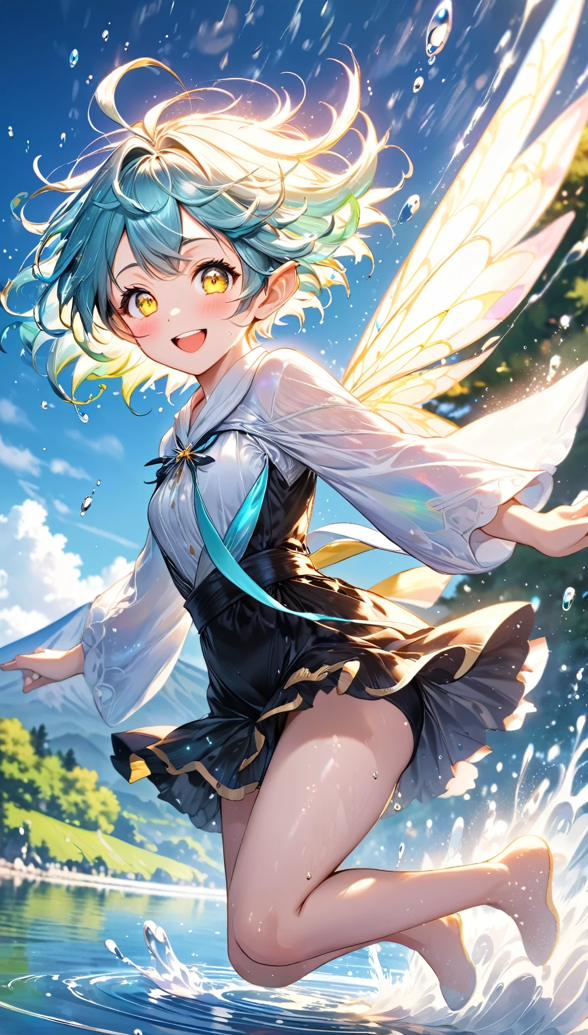 best quality, super fine, 16k, incredibly absurdres, extremely detailed, delicate and dynamic, beautiful and cute elf jumping and running energetically on the lake surface, Tiffany Blue pixie short cut messy hair, iridescent yellow pupils, happy, smile, captivating look, aroused expression, bewitching aura, water splash, motion blur, action blur, beautiful effects like colorful paintings, back ground Mt. Fuji, lake, rippled lake surface, iridescent gemstone powder dust