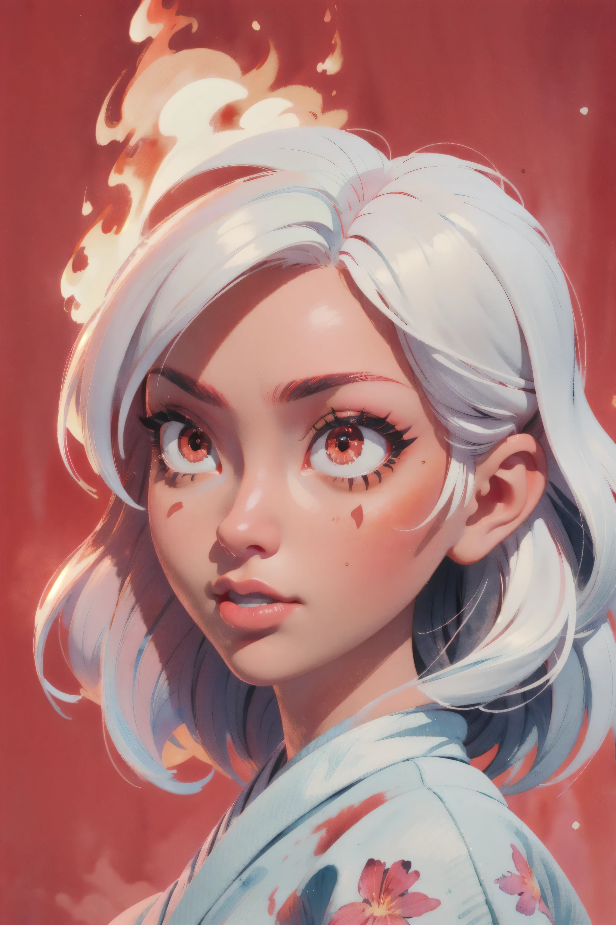 (masterpiece:1.4), (best quality:1.4), A beautiful girl with white hair short bob style, with big red eyes, in detailed women's kimono, red kimono, lips, makeup, side angle, natural pose, Dramatic lighting, sunlight, in red background, flames and burn background, depth of field, 3d animated cartoon, vibrant, colorful, Watercolor, Ink, (best quality,4k,8k,highres,masterpiece:1.2),ultra-detailed,extremely detailed eyes and face, long eyelashes, vivid colors, detailed background, detailed face, (fire theme:1.1), (style-swirlmagic:0.8), floating red particles, loraeyes