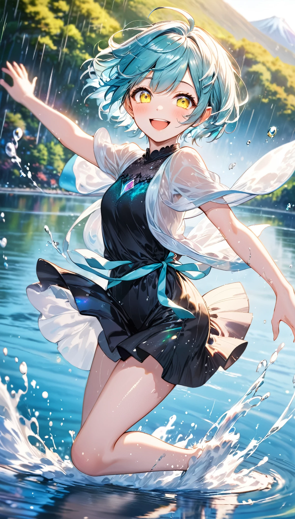 best quality, super fine, 16k, incredibly absurdres, extremely detailed, delicate and dynamic, beautiful and cute elf jumping and running energetically on the lake surface, Tiffany Blue pixie short cut messy hair, iridescent yellow pupils, happy, smile, captivating look, aroused expression, bewitching aura, water splash, motion blur, action blur, beautiful effects like colorful paintings, back ground Mt. Fuji, lake, rippled lake surface, iridescent gemstone powder dust