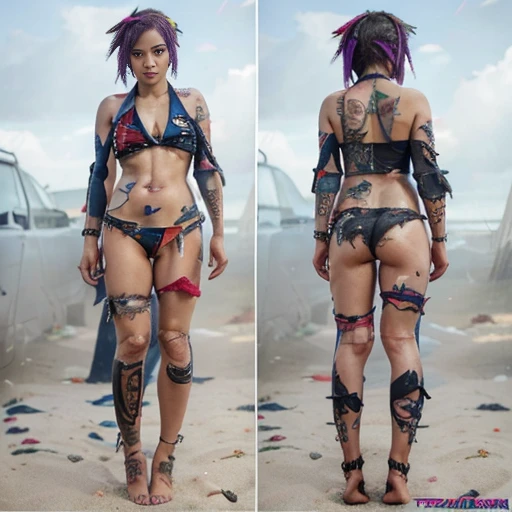 Beautiful punk woman with a coloured purple hair underside hairstyle wearing a Union Jack, (((little bikini)), piercings, ((tattoos)) , intense eye contact, face and upper body image, ((((full body view)))), (torn clothes:1.5), (((in beach))