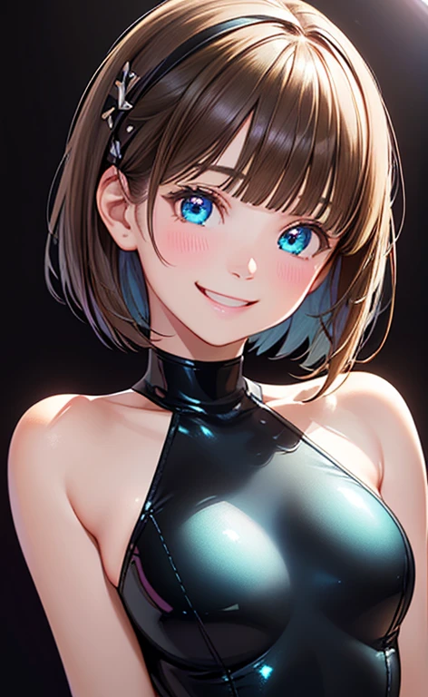 (Photorealistic:1.4)、(,20-year-old:1.5),(masterpiece、Blue lens flare:1.5、spot light:1.2、Exquisite beautiful eye:1.5,portlate),(kind eyes、tareme:1.9),()、Cute Face、 3D Face、(light brown hair:1.5)、(short hair:1.5),(sidelock :1.5),(blunt bangs:1.3),(1 woman)、(aqua eyes:1.2)、(upper body:1.5)、(happy smile:1.5)、(),(head tilt) ,(Cute face:1.2),(medium breasts),(),kind face,(pink Bodysuit with open chest1.5),(black background:1.5)、()、()、 Neat and clean、Adorable、Demure,Slim Body(),Shiny Hair、()、Nijisketch,Manga,blacklight