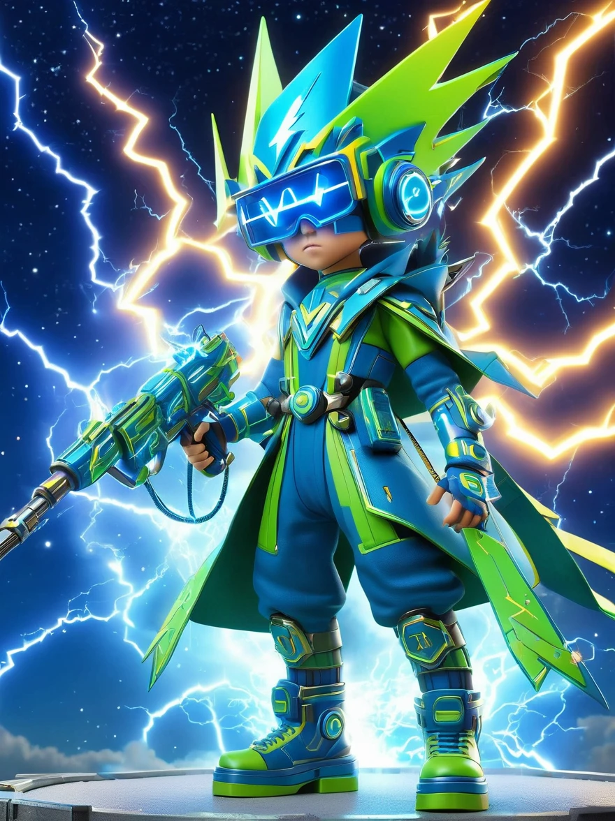 1boy, solo, Lightning energy，Electricity elements，Wearing a pointed headdress，Wearing large rectangular glasses，Blue Highlight Lightning，Wearing bright blue and green square clothing，High heel boots，Holding an electric weapon，Space starry sky background，Galactic battleship，Fighting Stance，Explosion，Best quality，Original，whole body，Cartoon Style，3D character rendering，Created with C4D and Blender，precise，Blind box toy style，Super Detail，Anatomically correct，masterpiece, 1djxz1