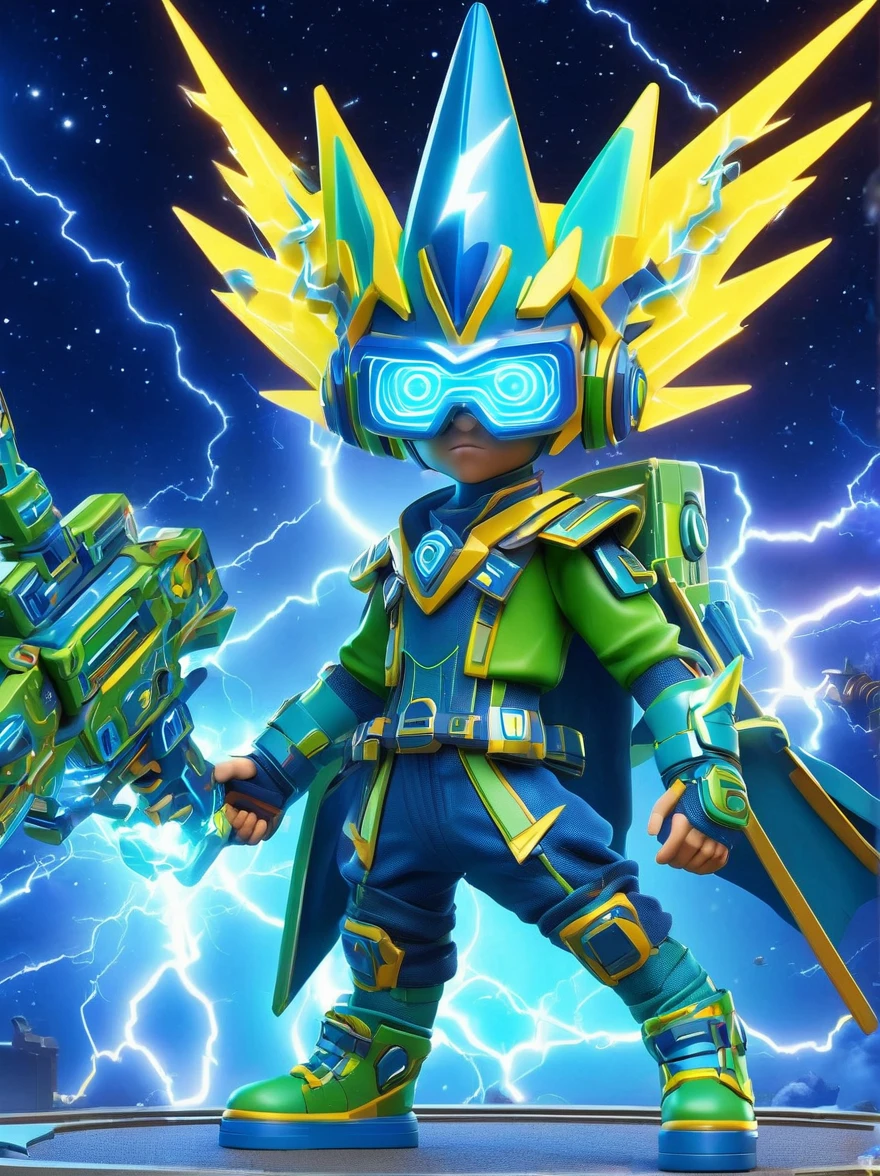 1boy, solo, Lightning energy，Electricity elements，Wearing a pointed headdress，Wearing large rectangular glasses，Blue Highlight Lightning，Wearing bright blue and green square clothing，High heel boots，Holding an electric weapon，Space starry sky background，Galactic battleship，Fighting Stance，Explosion，Best quality，Original，whole body，Cartoon Style，3D character rendering，Created with C4D and Blender，precise，Blind box toy style，Super Detail，Anatomically correct，masterpiece, 1djxz1