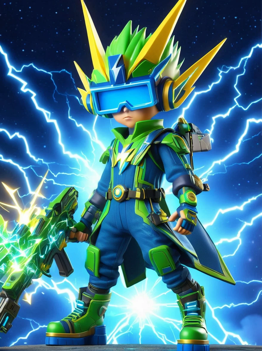 1boy, solo, Lightning energy，Electricity elements，Wearing a pointed headdress，Wearing large rectangular glasses，Blue Highlight Lightning，Wearing bright blue and green square clothing，High heel boots，Holding an electric weapon，Space starry sky background，Galactic battleship，Fighting Stance，Explosion，Best quality，Original，whole body，Cartoon Style，3D character rendering，Created with C4D and Blender，precise，Blind box toy style，Super Detail，Anatomically correct，masterpiece, 1djxz1